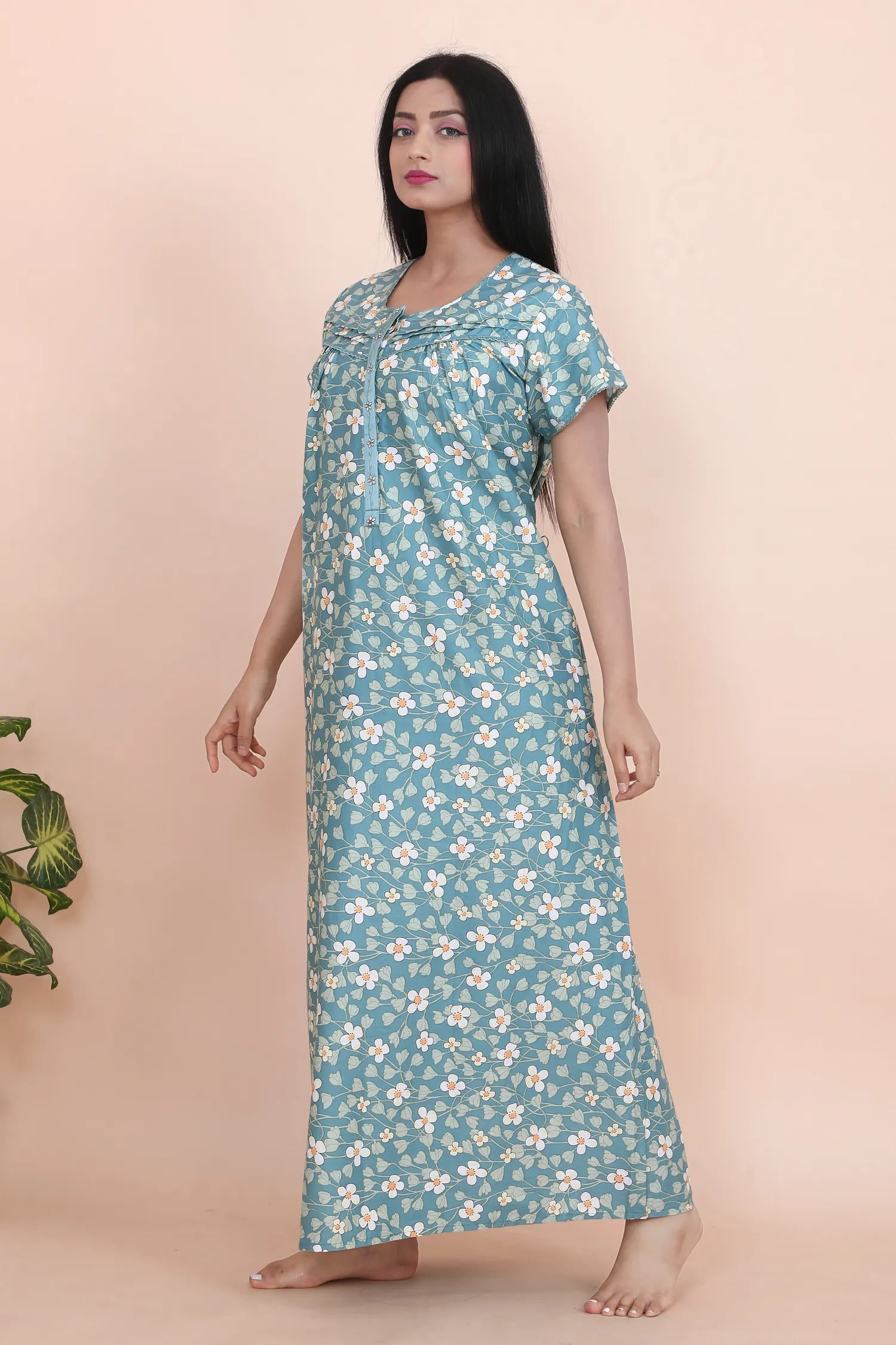 Velure Chic Green Floral Print Cotton Nighty