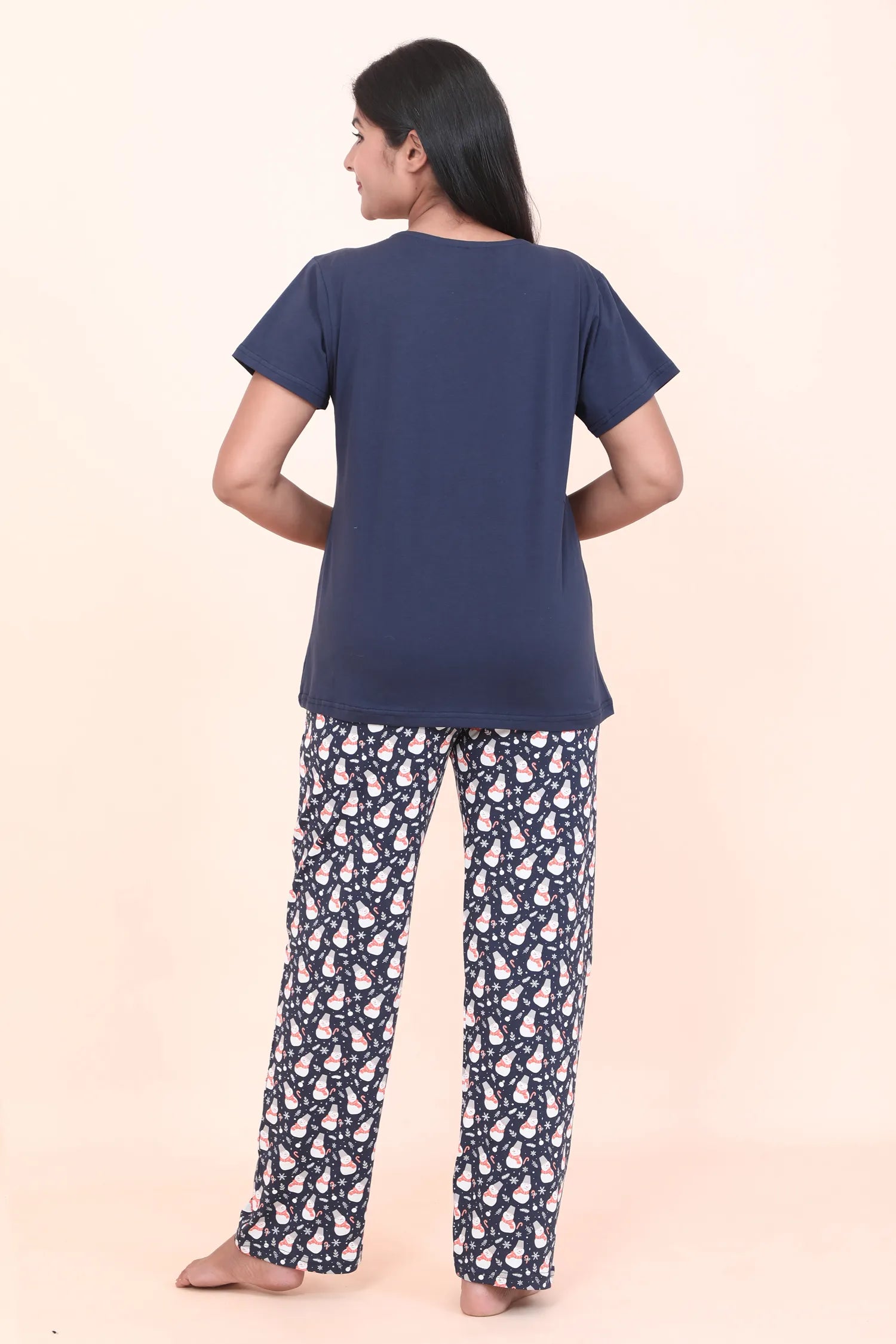 Velure Snowman Print Pajama Set - Velure - - Cotton Lycra Fabric, Full Length Pant, Half Sleeves, Round neck nightsuit