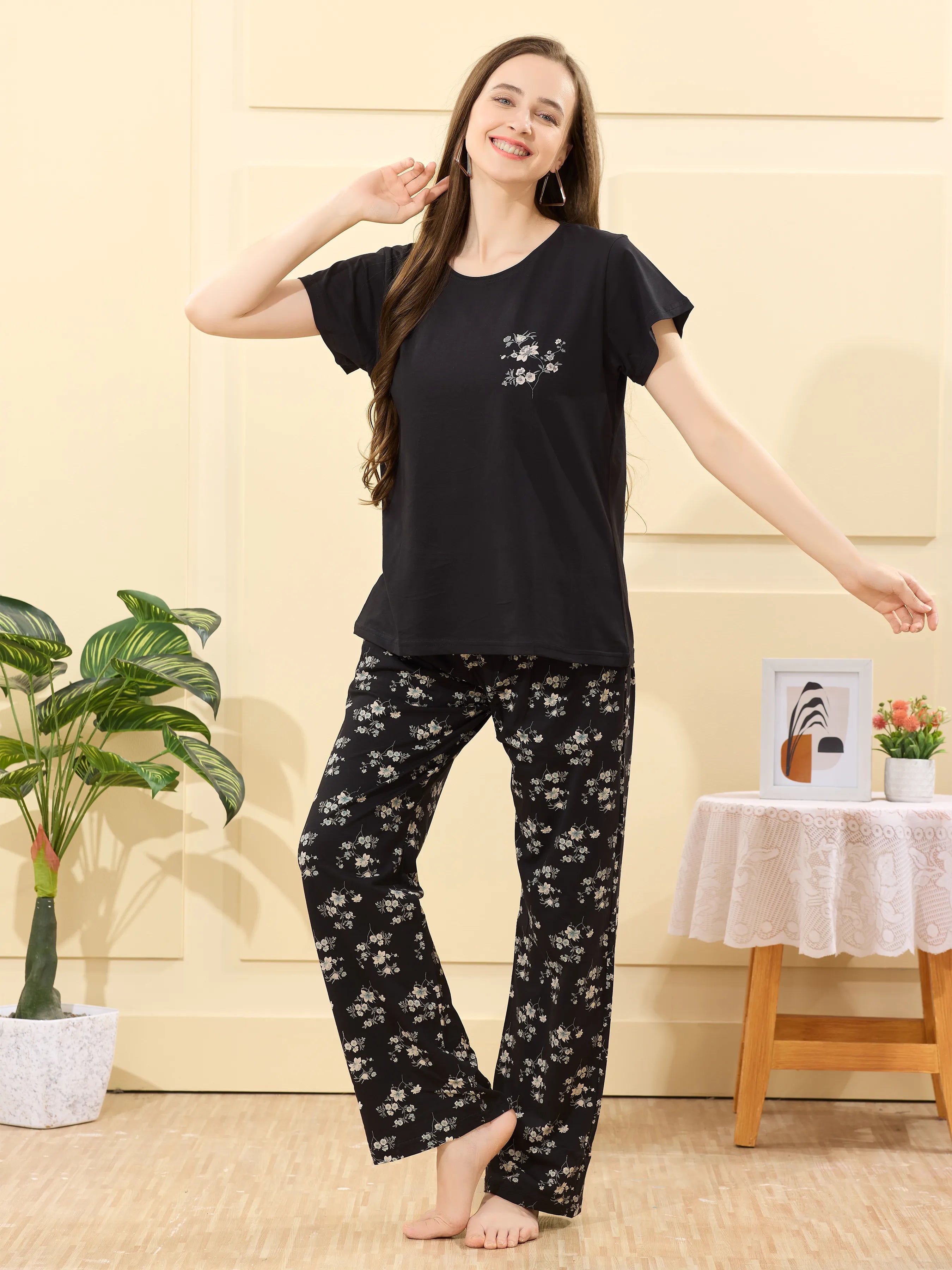Velure Stylish Floral Printed Pajama Set - Velure - - Cotton Lycra Fabric, Full Length Pant, Half Sleeves, Round neck nightsuit