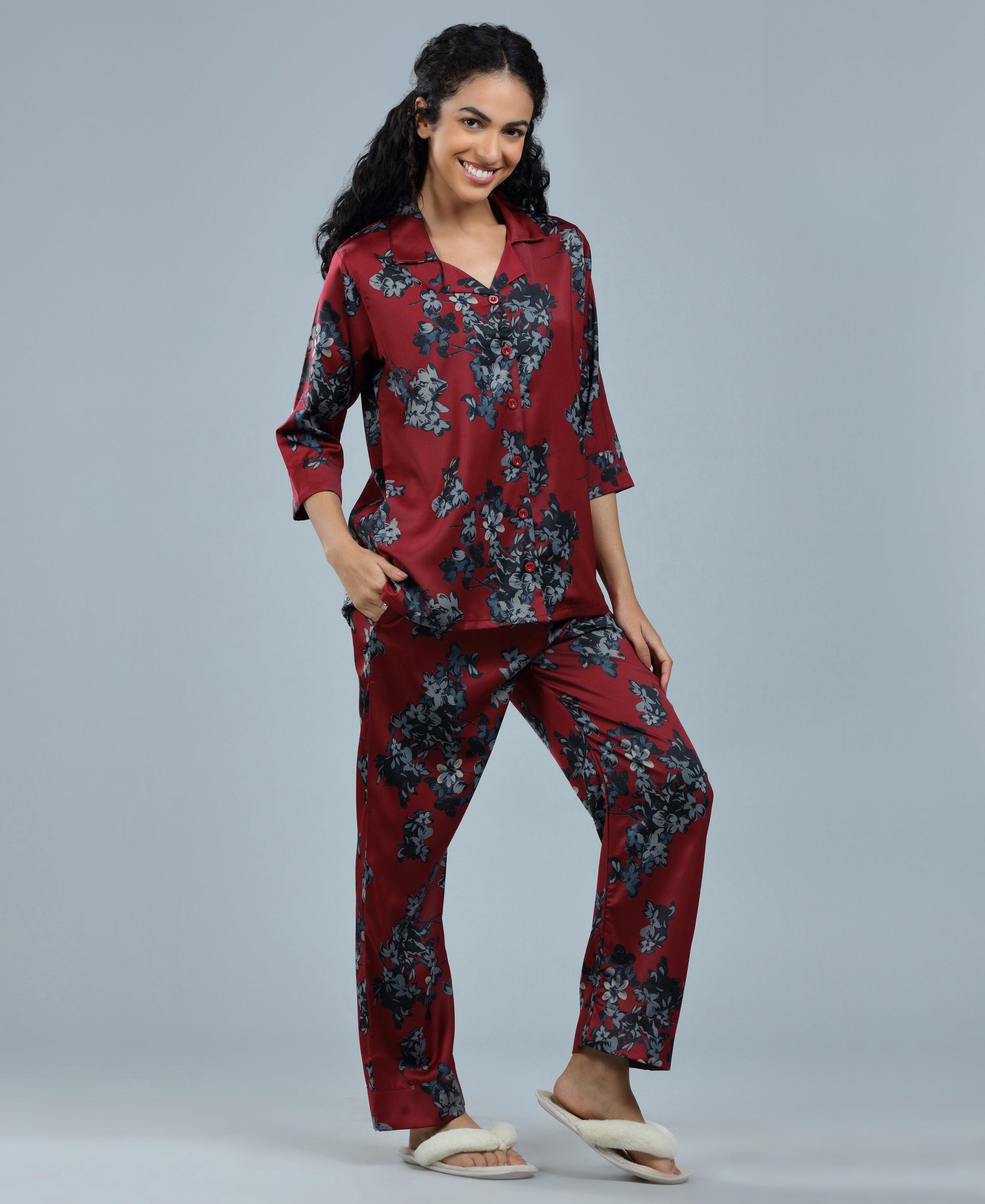 Velure Beautiful Floral Print Night Suit - Velure - Shirt and Pant - 3/4 Sleeves, Collar Neck, Floral Print, Front Button Open, Full Length Pant, Satin