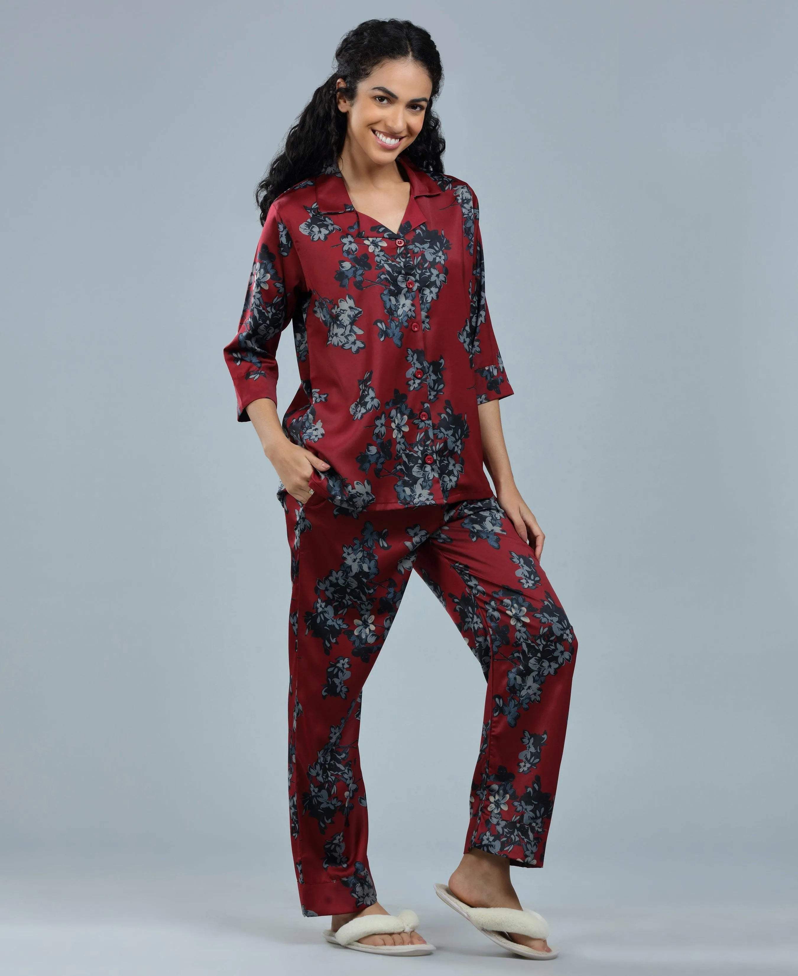 Velure Beautiful Floral Print Night Suit - Velure - - 3/4 Sleeves, Collar Neck, Floral Print, Front Button Open, Full Length Pant, Satin