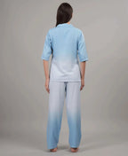 Velure Glossy Blue Co-ord Set - Velure - - 3/4 Sleeves, Collar Neck, Cotton, Front Button Open, Full Length Pant