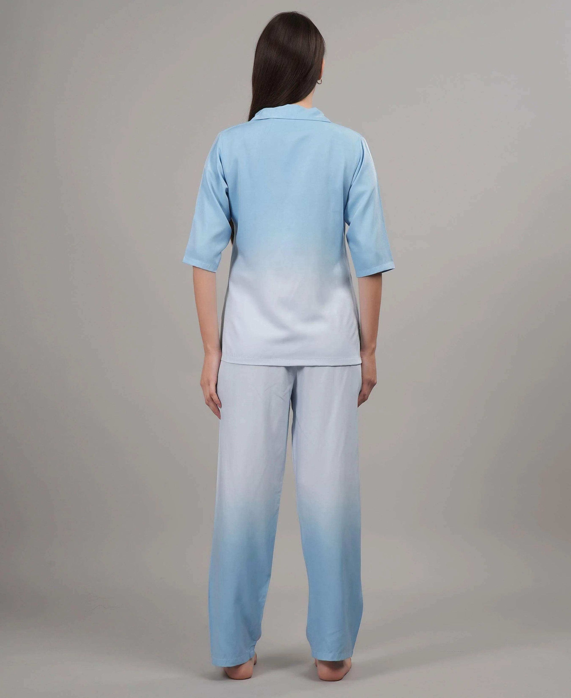 Velure Glossy Blue Co-ord Set - Velure - - 3/4 Sleeves, Collar Neck, Cotton, Front Button Open, Full Length Pant