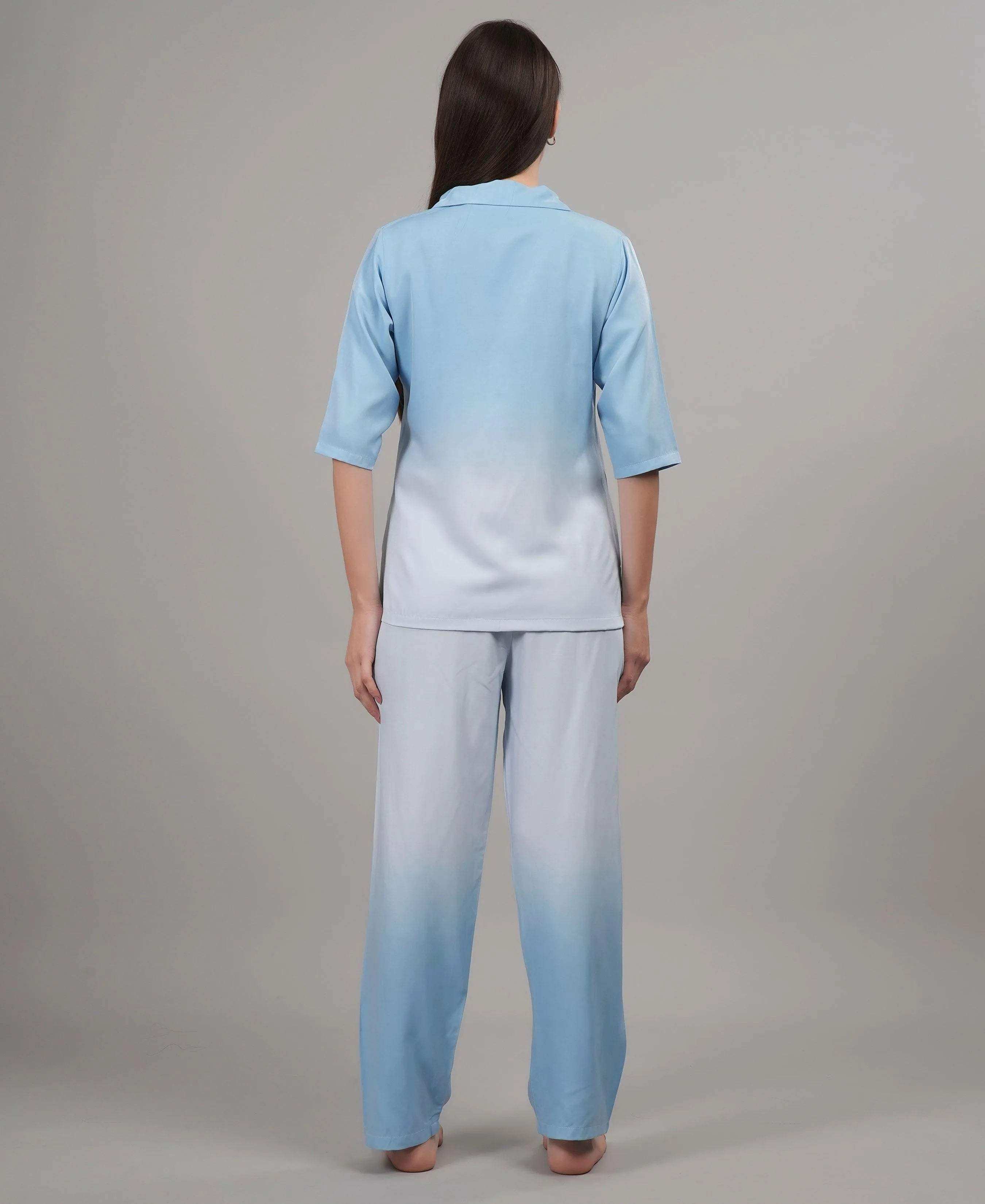Velure Glossy Blue Co-ord Set - Velure - - 3/4 Sleeves, Collar Neck, Cotton, Front Button Open, Full Length Pant