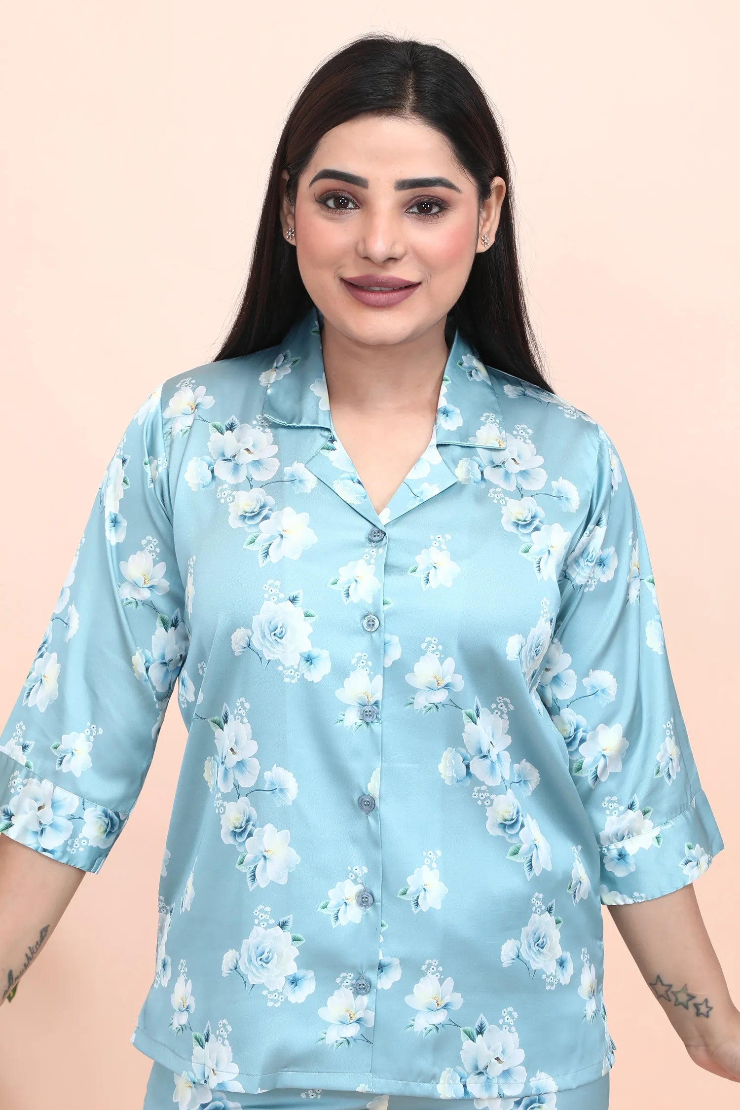 Velure Appealing Floral Print Night Suit - Velure - - 3/4 Sleeves, Collar Neck, Front Button Open, Full Length Pant, Satin