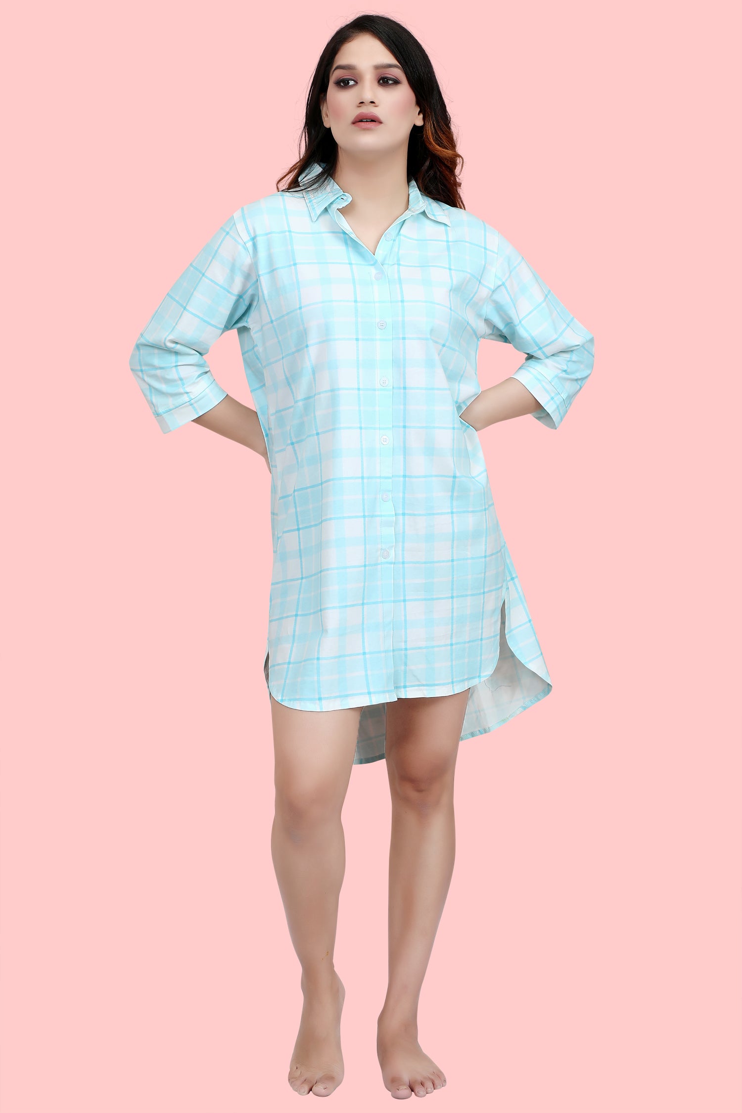 Velure Classic Blue Checkered Casual  Short Night Shirt - Velure, Short Nightdress, Enjoy a restful night's sleep with the Velure Classic Blue Checkered Casual Short Night Shirt. This knee-length Night Shirt features a collar, a front button placket, and half sleeves, offering both style and comfort. The elegant checkered design adds a touch of sophistication to this smooth nightgown. Purchase now for the ultimate relaxation experience.