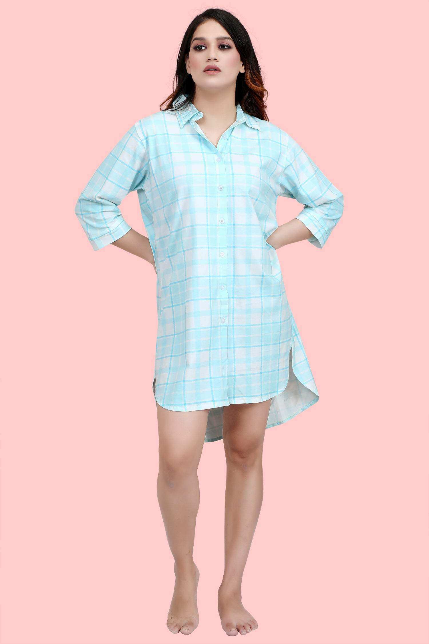 Velure Classic Blue Checkered Casual Short Night Shirt - Velure - - 3/4 Sleeves, Collar Neck, Cotton, Front Button Open