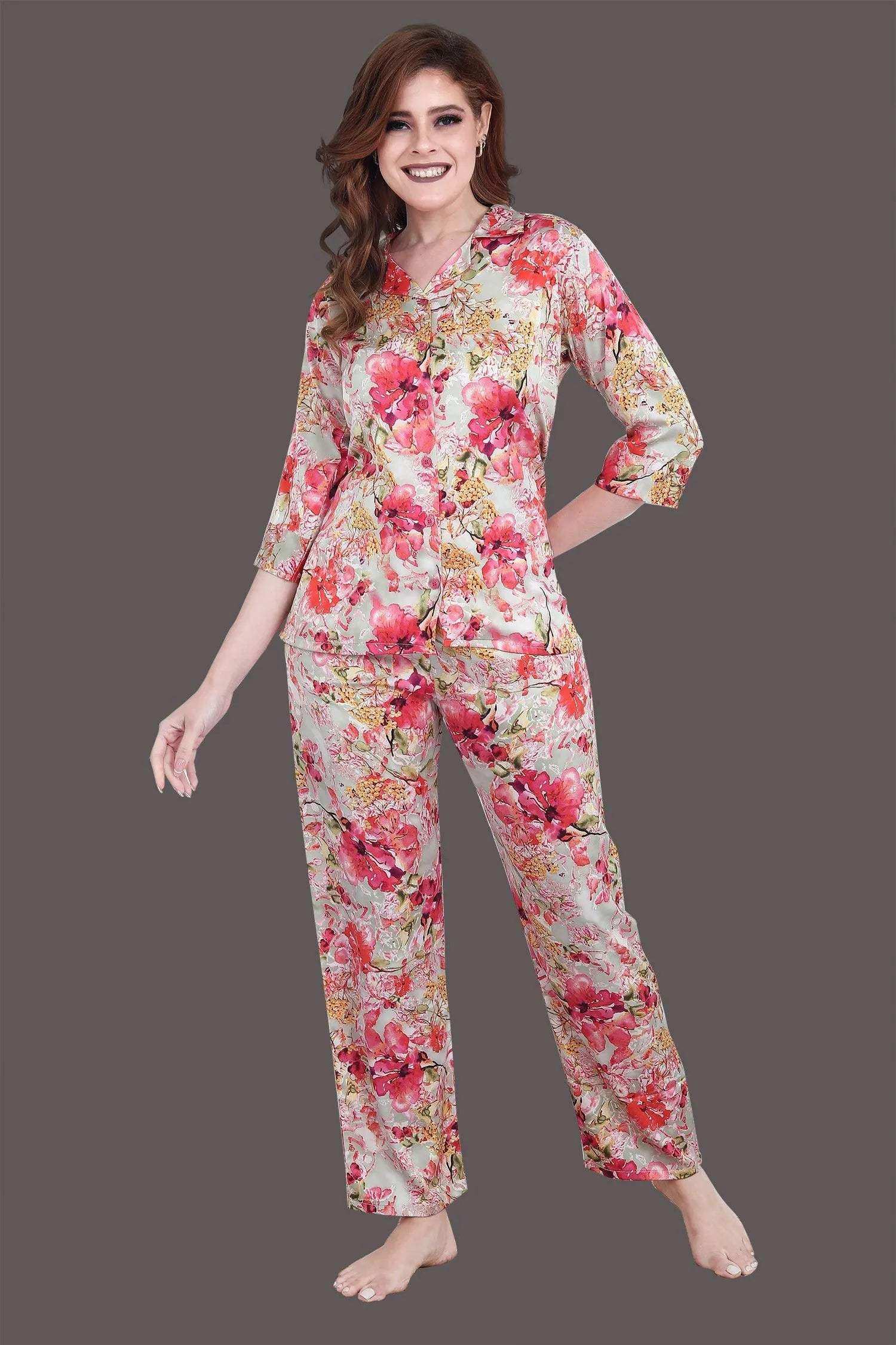 Velure Luxurious Floral Print Satin Night Suit - Velure - - 3/4 Sleeves, Collar Neck, Floral Print, Front Button Open, Full Length Pant, Satin