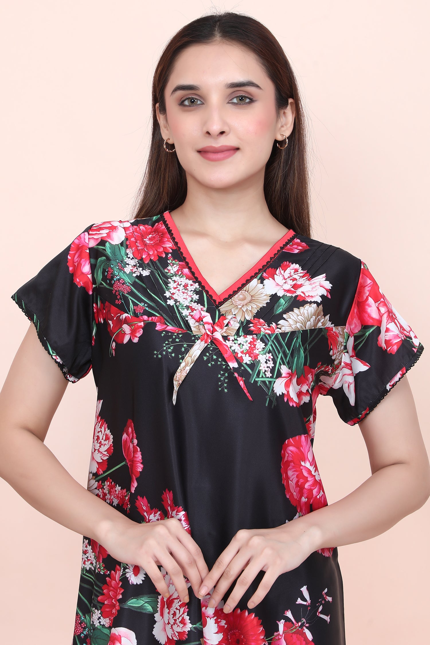 Velure Stunning Floral Print Satin Nighty - Velure - - Floral Print, Full Length Nighty, Half Sleeves Nighty