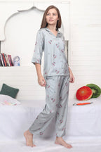 Velure Stunning Grey Floral Print Satin Night Suit