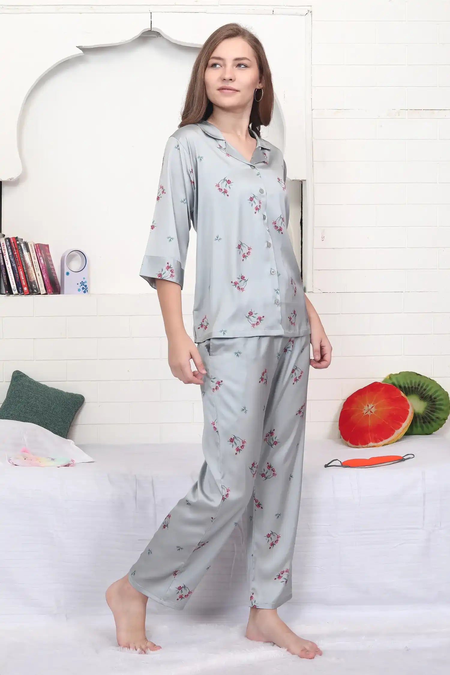 Velure Stunning Grey Floral Print Satin Night Suit
