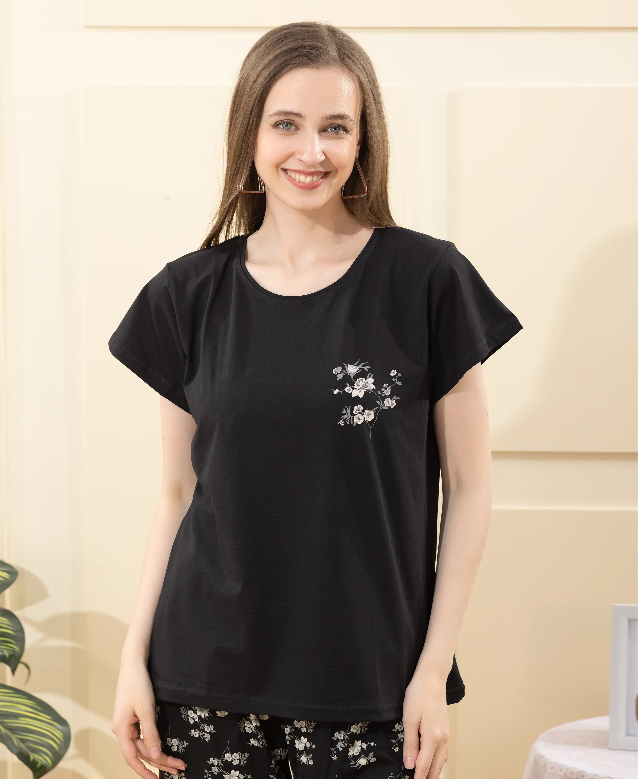 Velure Stylish Floral Printed Pajama Set - Velure - - Cotton Lycra Fabric, Full Length Pant, Half Sleeves, Round neck nightsuit