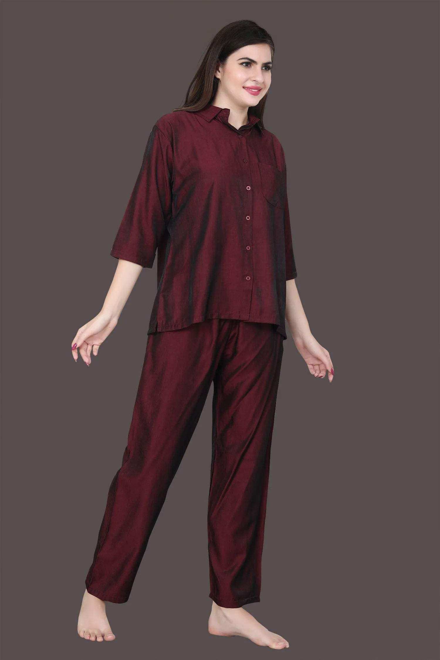 Velure Solid Maroon Casual Co-ord Set - Velure - - 3/4 Sleeves, Collar Neck, Cotton, Front Button Open, Full Length Pant