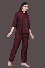 Velure Solid Maroon Casual Co-ord Set - Velure - Co-ord Sets - 3/4 Sleeves, Collar Neck, Cotton, Front Button Open, Full Length Pant