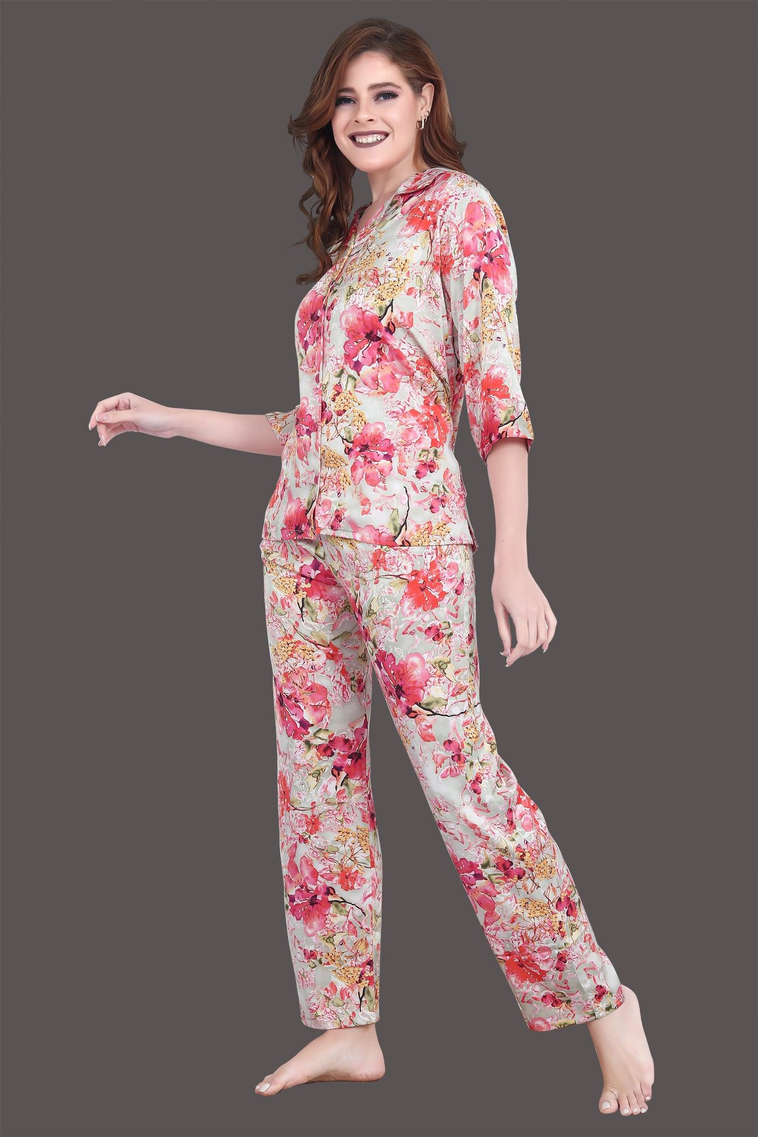 Velure Luxurious Floral Print Satin Night Suit - Velure - Shirt and Pant - 3/4 Sleeves, Collar Neck, Floral Print, Front Button Open, Full Length Pant, Satin