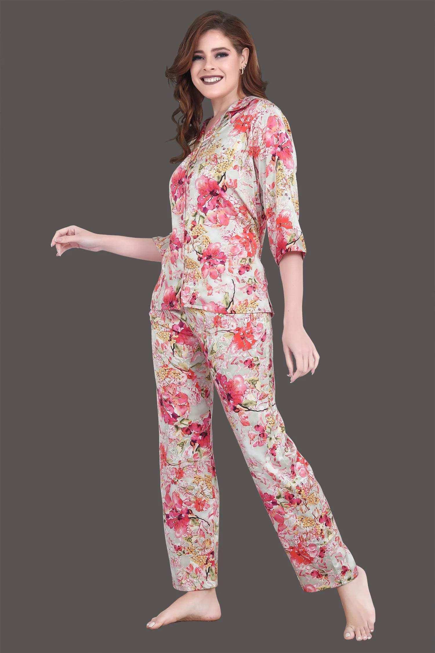 Velure Luxurious Floral Print Satin Night Suit - Velure - - 3/4 Sleeves, Collar Neck, Floral Print, Front Button Open, Full Length Pant, Satin