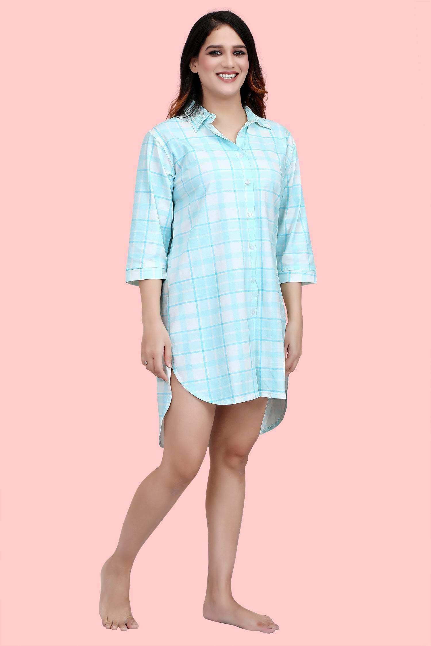 Velure Classic Blue Checkered Casual Short Night Shirt - Velure - - 3/4 Sleeves, Collar Neck, Cotton, Front Button Open