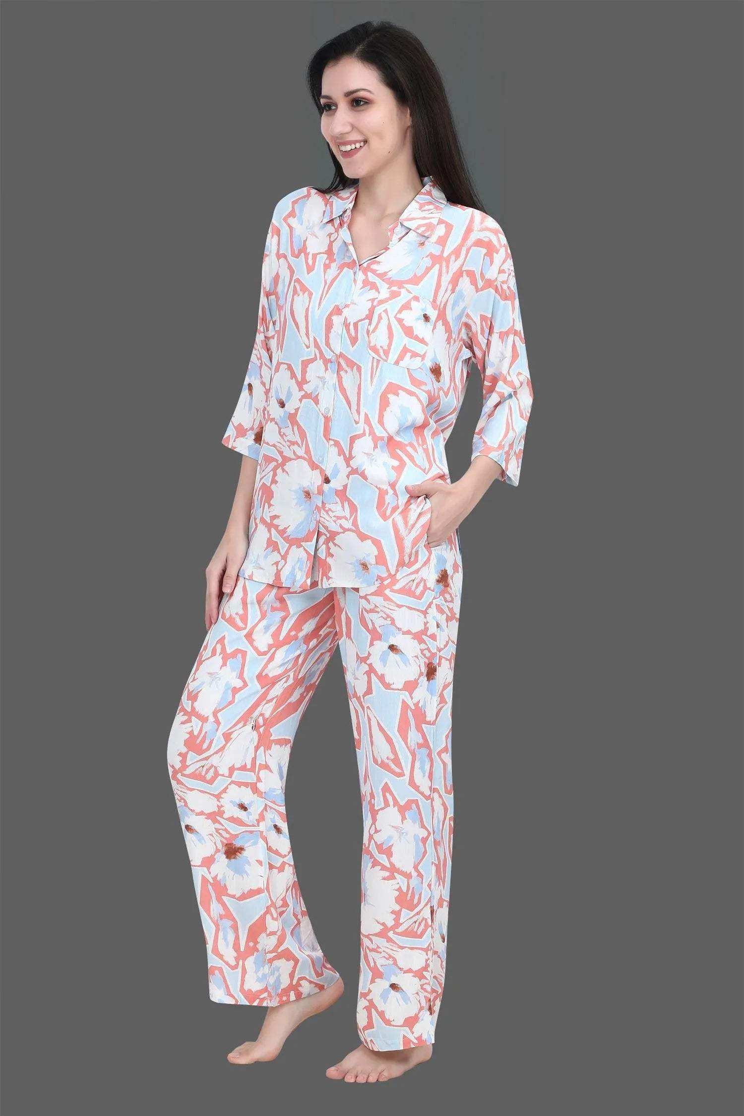Velure Fusion Abstract Palazzo Co-ord Set - Velure - - 3/4 Sleeves, Collar Neck, Front Button Open, Full Length Pant, Linen