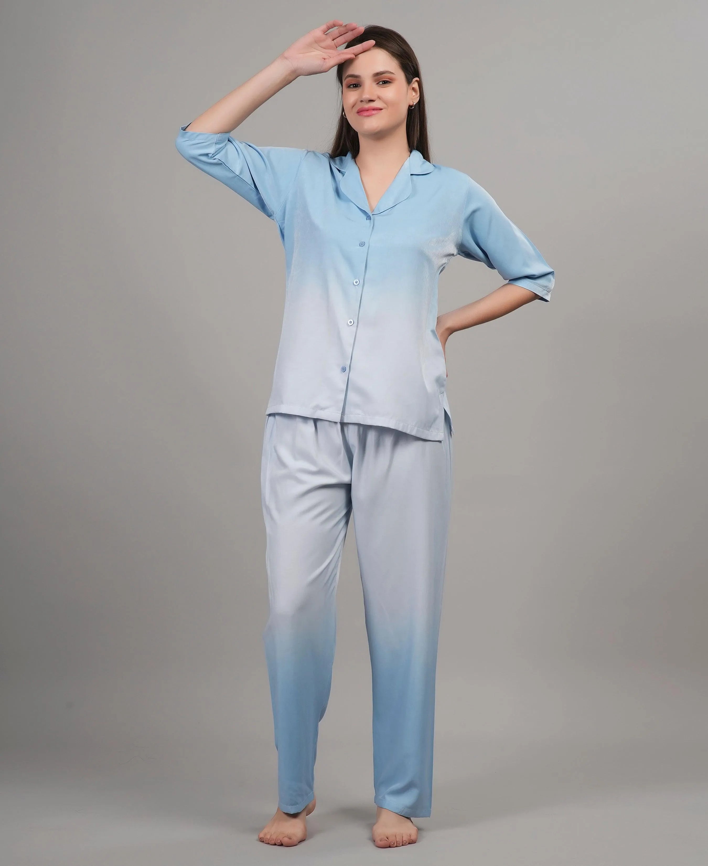 Velure Glossy Blue Co-ord Set - Velure, Co-ord Sets, Enhance your appearance with the Velure Glossy Blue Co-ord Set. Crafted from top-quality material, this beautiful two-piece ensemble boasts a distinctive dual-shaded pattern that will surely make an impression. Its three-fourth sleeves add a touch of elegance, making it a hit among your colleagues. Comfortable and chic, this set is a must-have for any wardrobe.