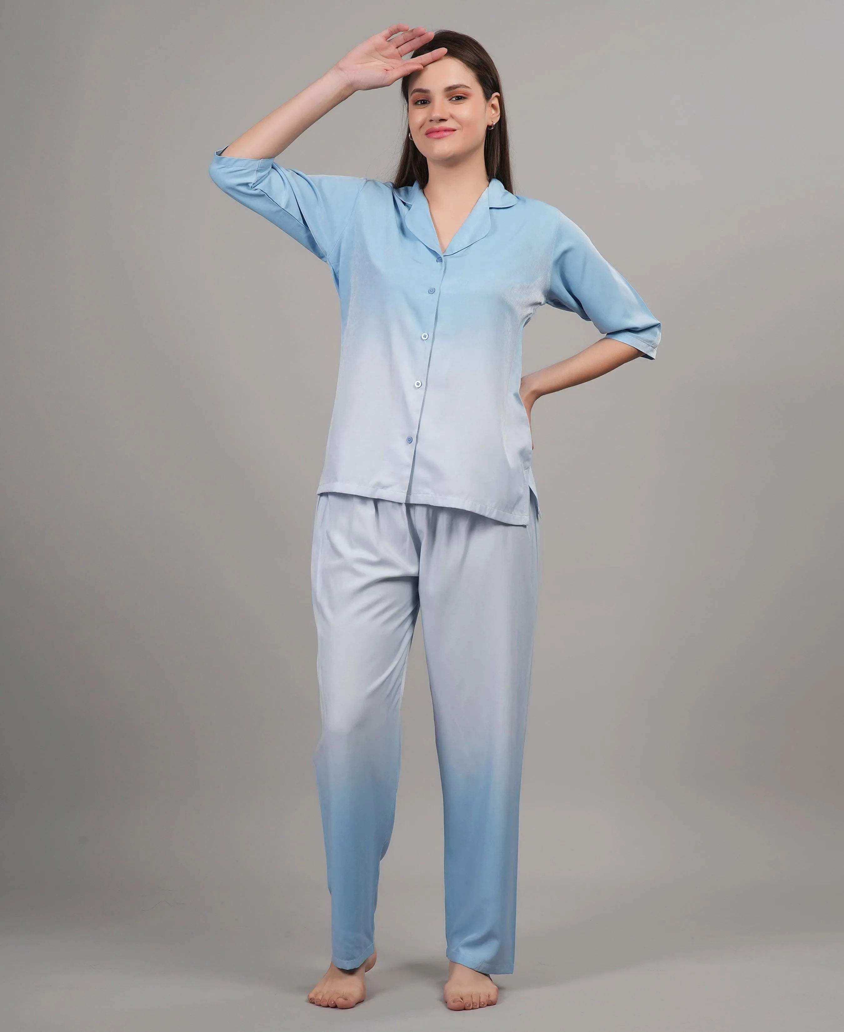Velure Glossy Blue Co-ord Set - Velure - - 3/4 Sleeves, Collar Neck, Cotton, Front Button Open, Full Length Pant