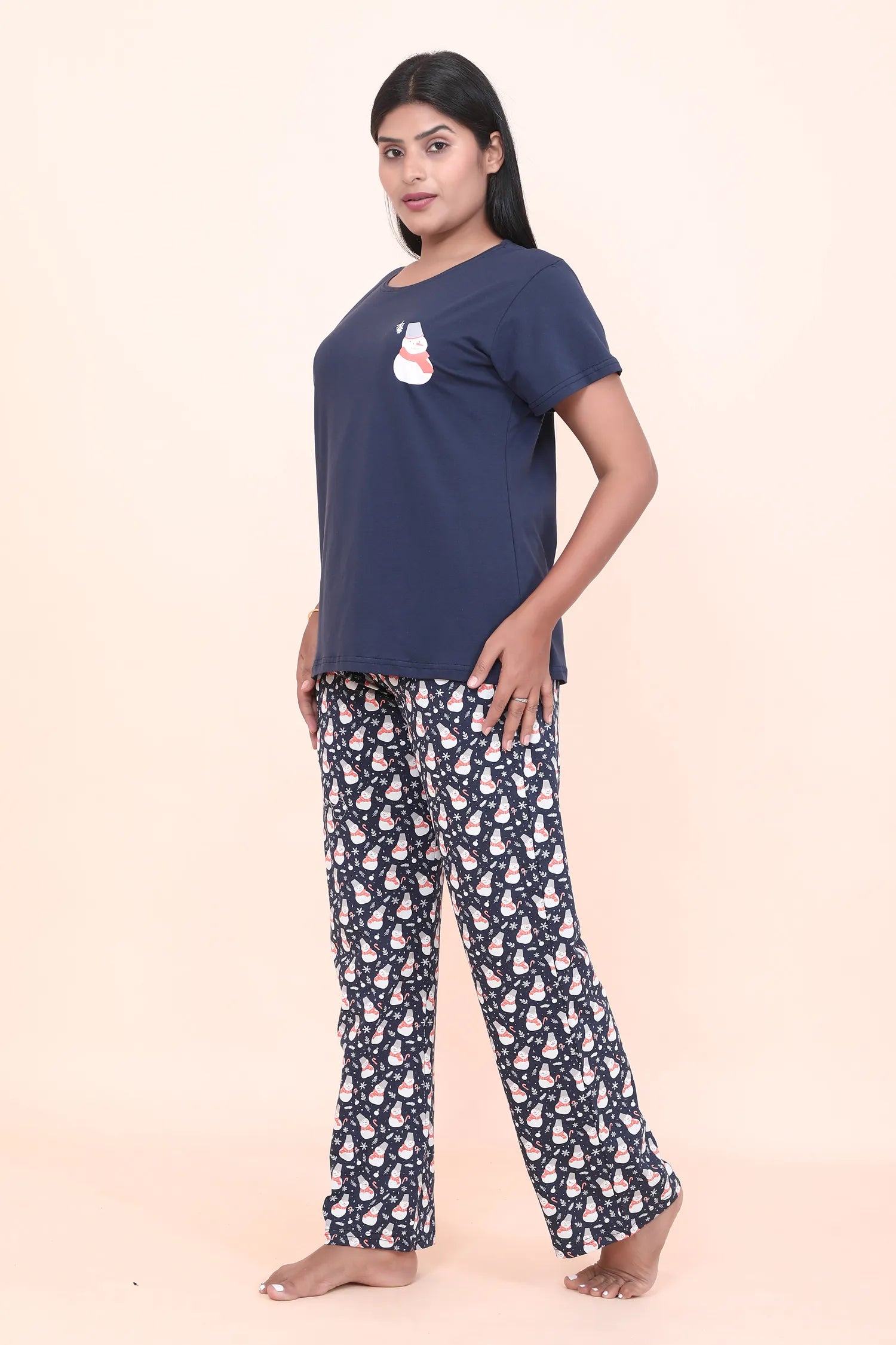Velure Snowman Print Pajama Set - Velure - - Cotton Lycra Fabric, Full Length Pant, Half Sleeves, Round neck nightsuit