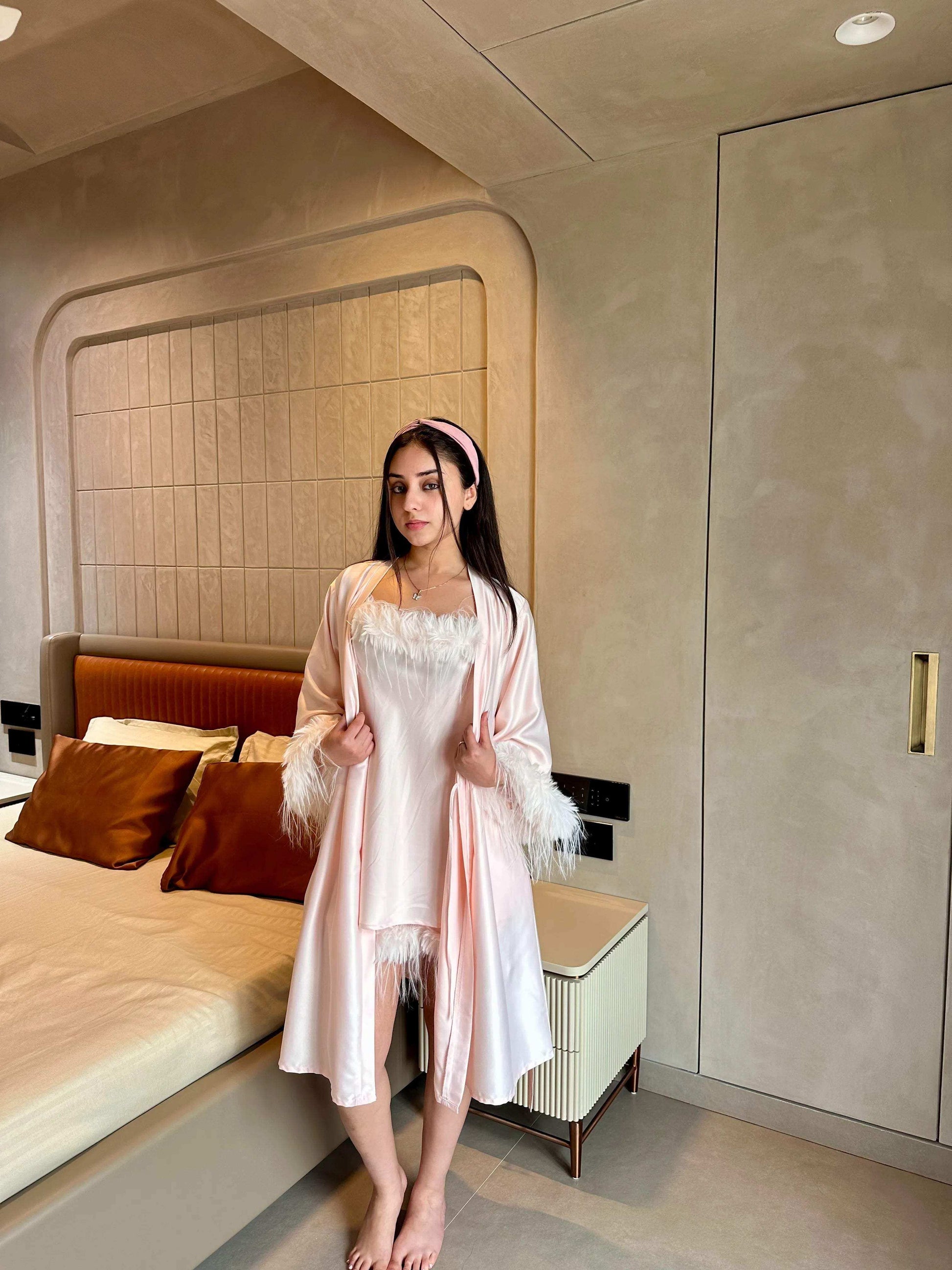 Velure Satin 3 Piece Baby Pink Robe Set - Velure - - Fur, Robe, Satin, Shorts, Spaghetti