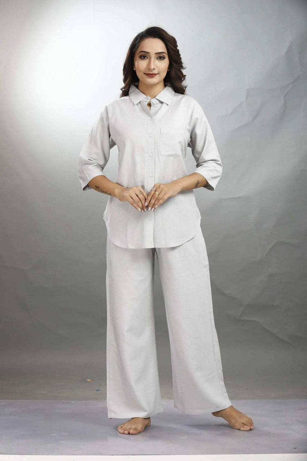 Velure Classic Grey Palazzo Co-ord Set - Velure - - 3/4 Sleeves, Collar Neck, Front Button Open, Full Length Pant