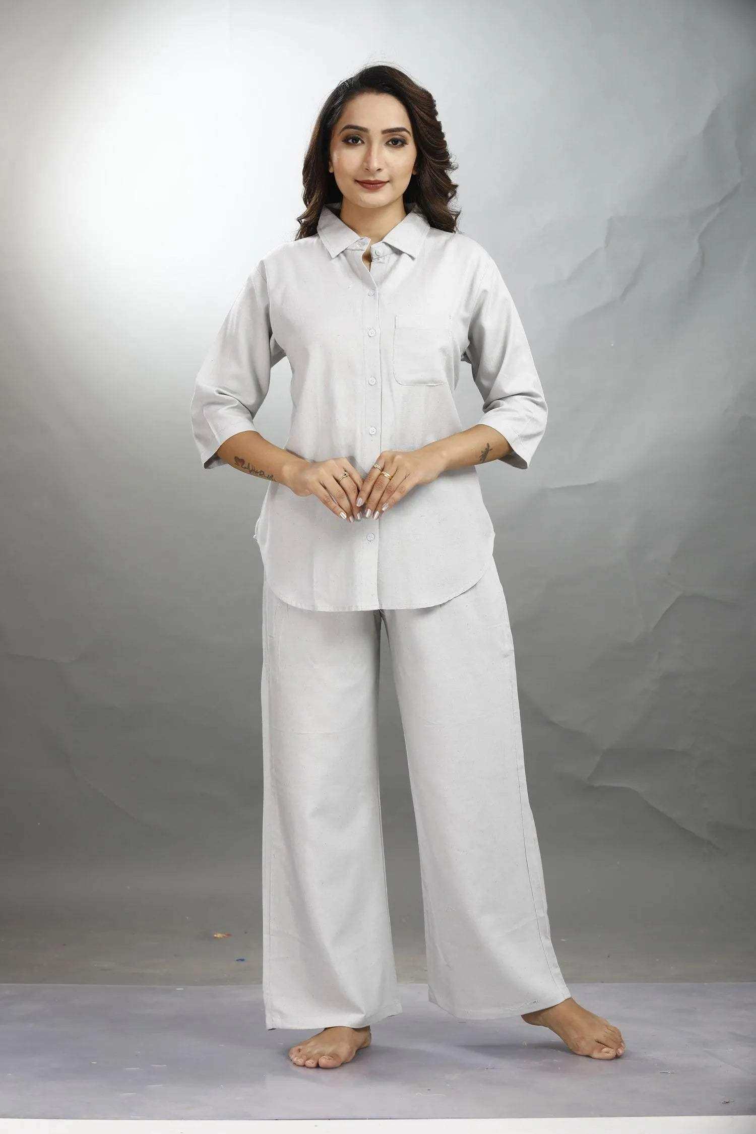 Velure Classic Grey Palazzo Co-ord Set - Velure - - 3/4 Sleeves, Collar Neck, Front Button Open, Full Length Pant
