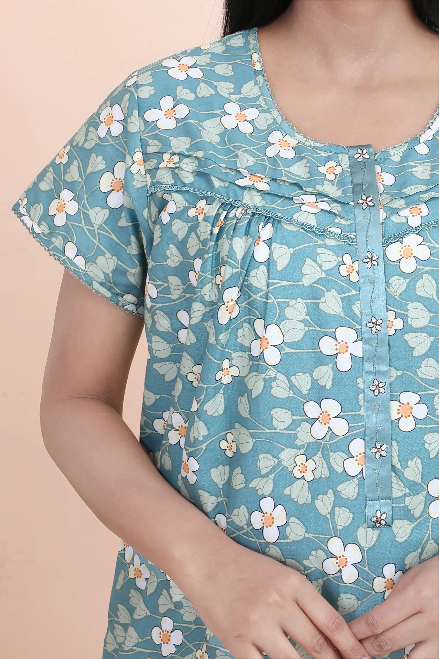 Velure Chic Green Floral Print Cotton Nighty