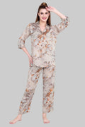 Velure Glorious Floral Print Satin Night Suit - Velure - - 3/4 Sleeves, Collar Neck, Floral Print, Front Button Open, Full Length Pant, Satin