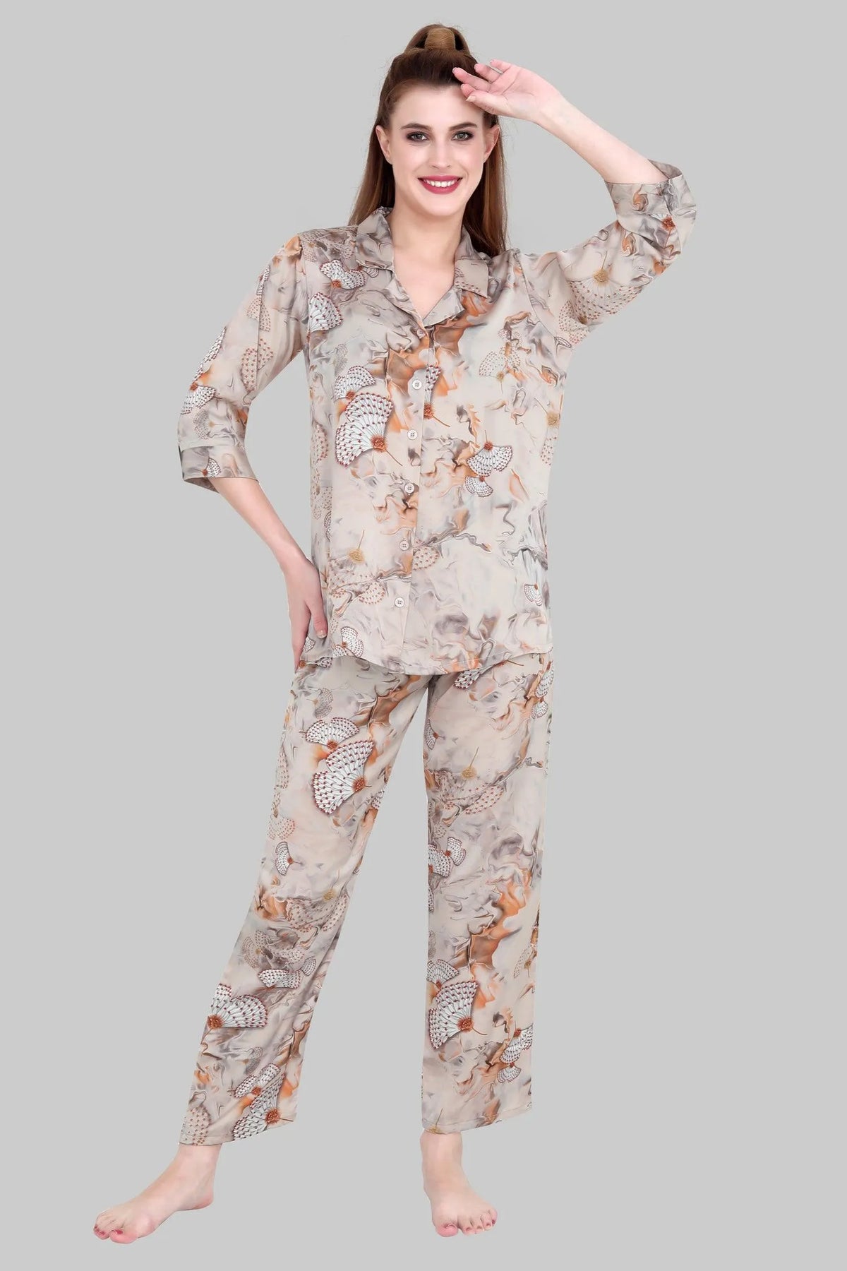 Velure Glorious Floral Print Satin Night Suit - Velure, Shirt and Pant, Upgrade your closet with the expertly-crafted Velure Glorious Floral Print Satin Night Suit in a light grey hue. Made from high-quality satin, this suit provides a plush, comforting texture. The polished satin collar adds a touch of elegance and exclusivity to the overall aesthetic.