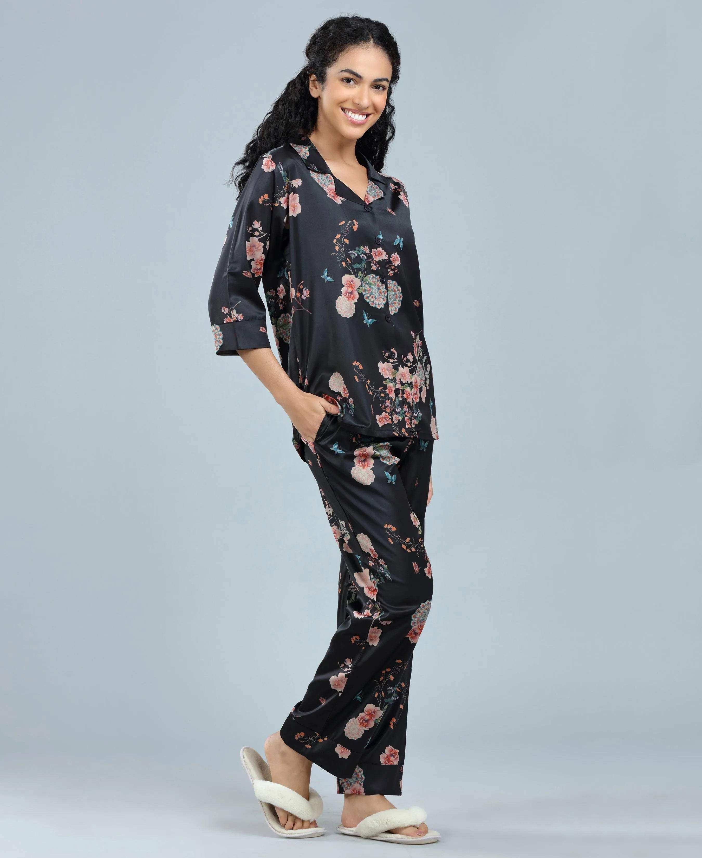 Velure Black Floral Satin Print Night Suit - Velure - - 3/4 Sleeves, Collar Neck, Floral Print, Front Button Open, Full Length Pant, Satin