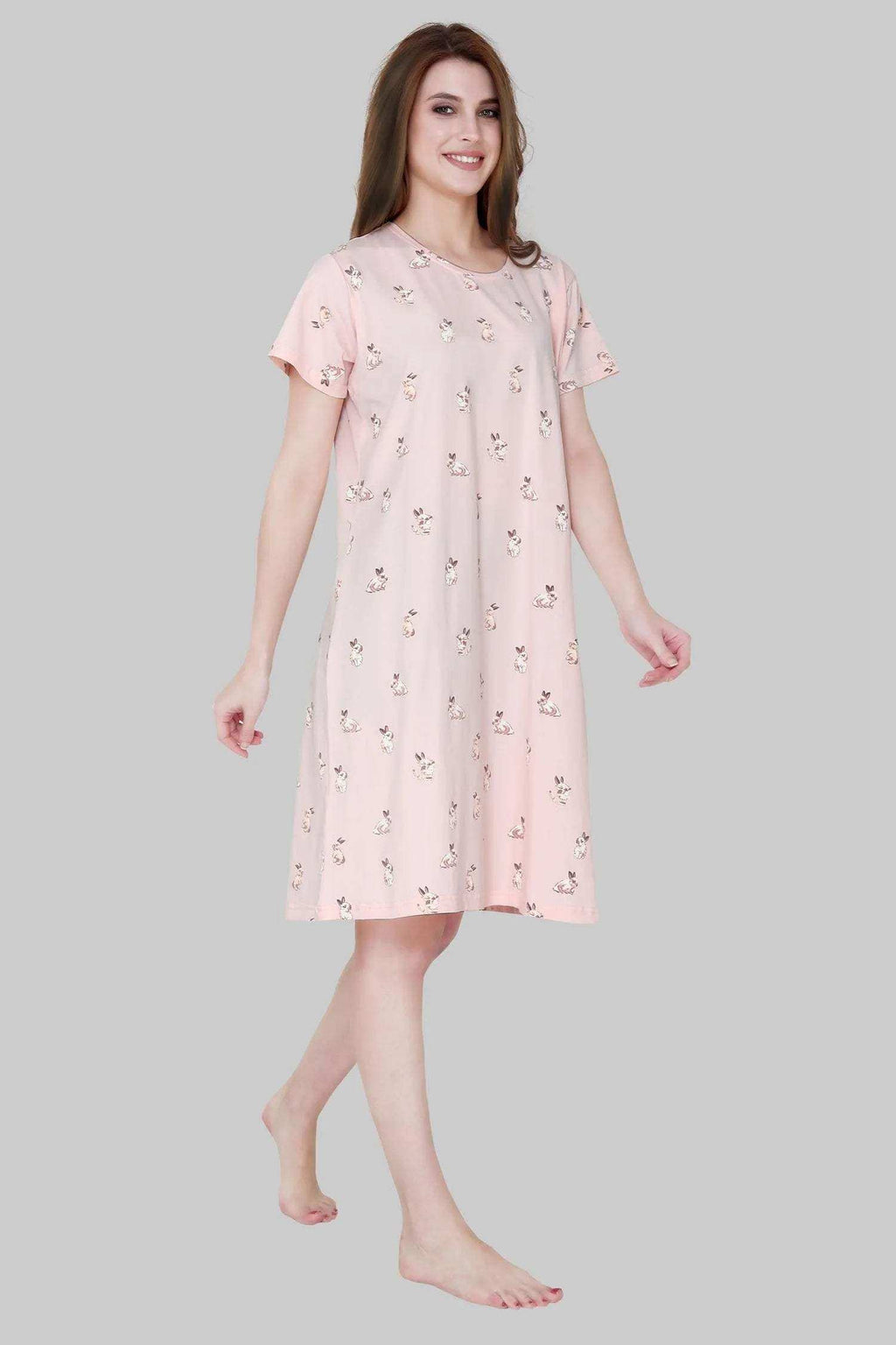 Velure Cartoon Bunny Print Short Nighty - Velure - - Cotton, Half Sleeves, Knee Length, Printed, Round neck