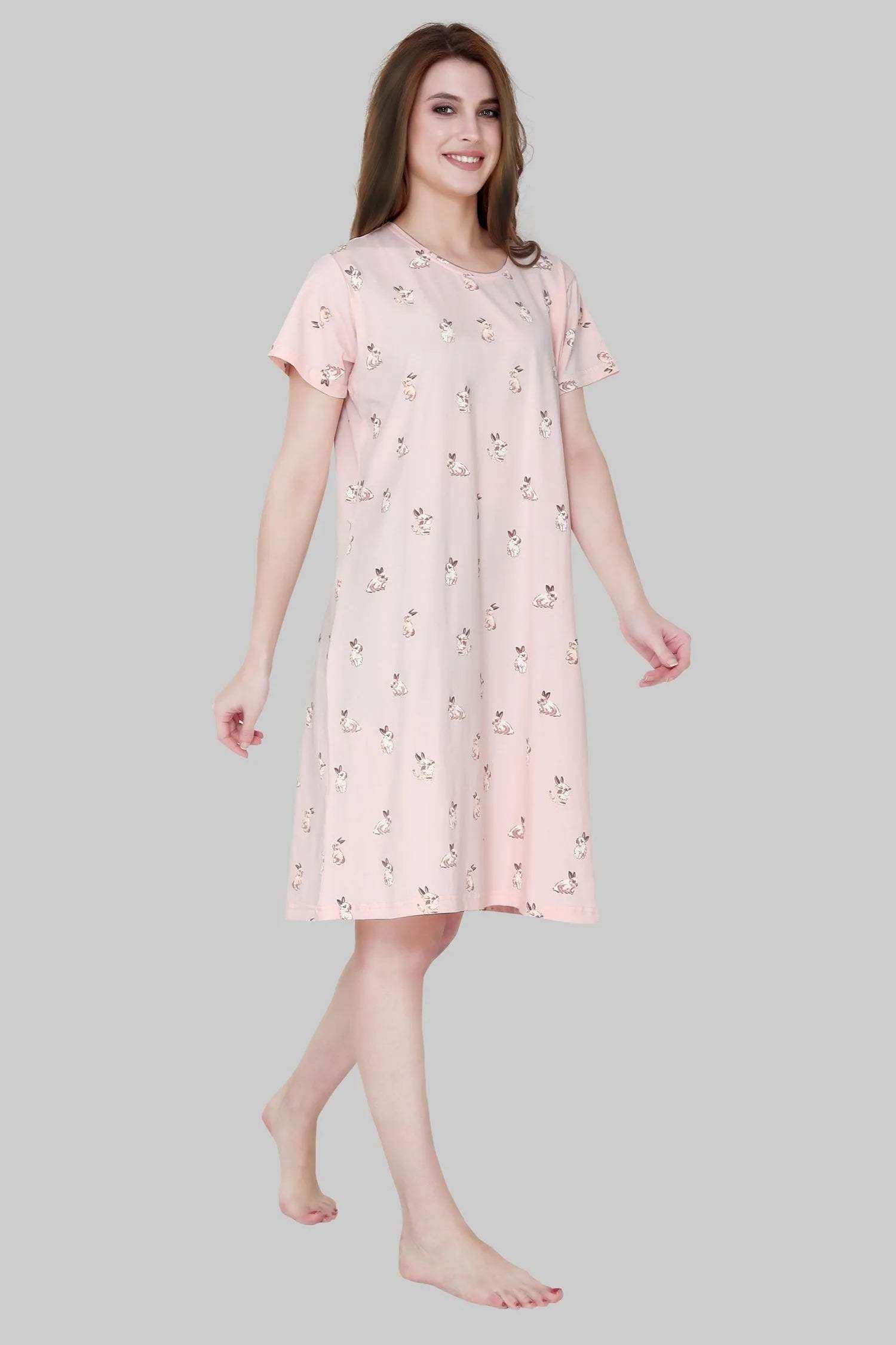 Velure Cartoon Bunny Print Short Nighty - Velure - - Cotton, Half Sleeves, Knee Length, Printed, Round neck