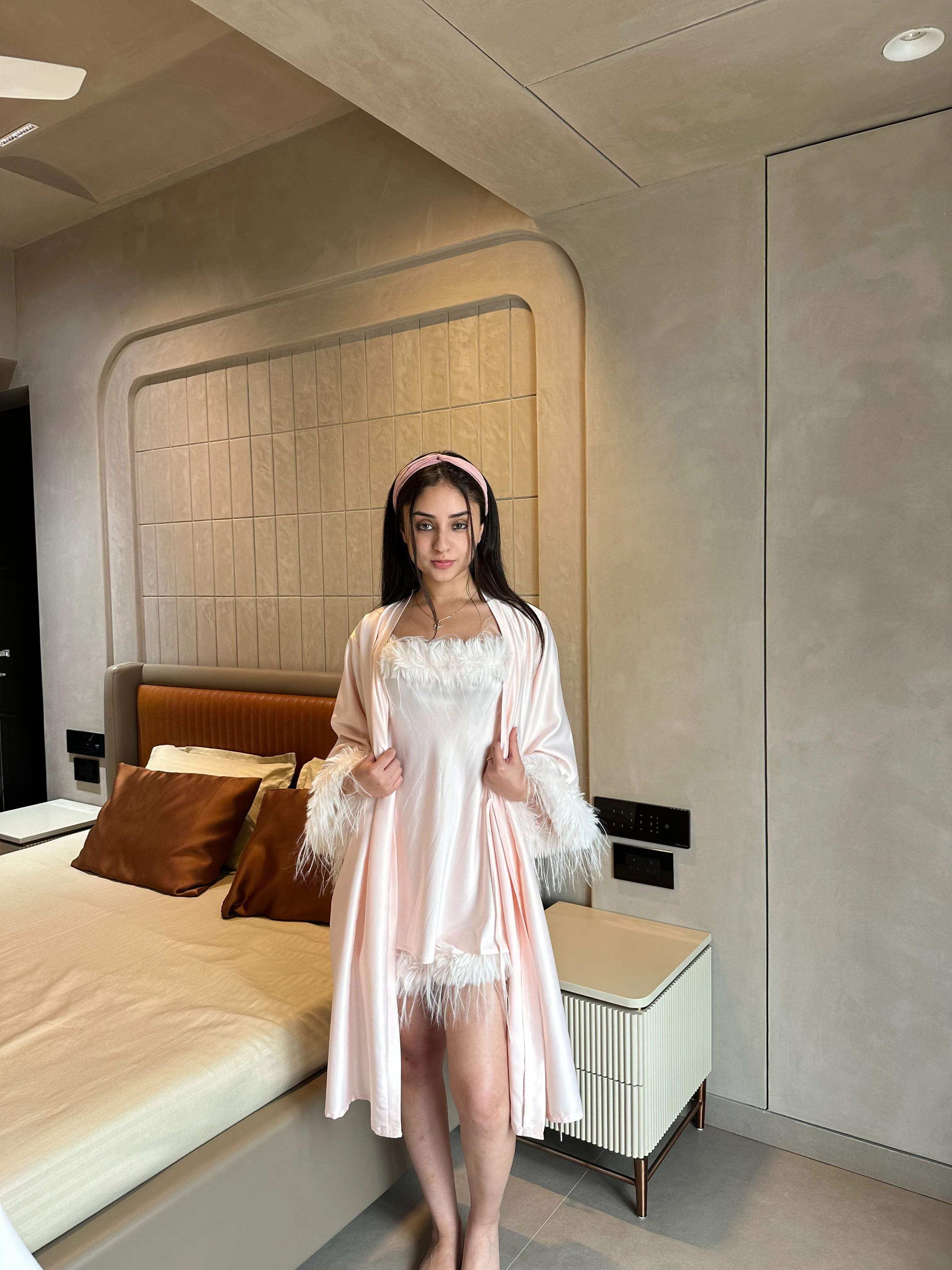 Velure Satin 3 Piece Peach Robe Set - Velure - - Fur, Robe, Satin, Shorts, Spaghetti