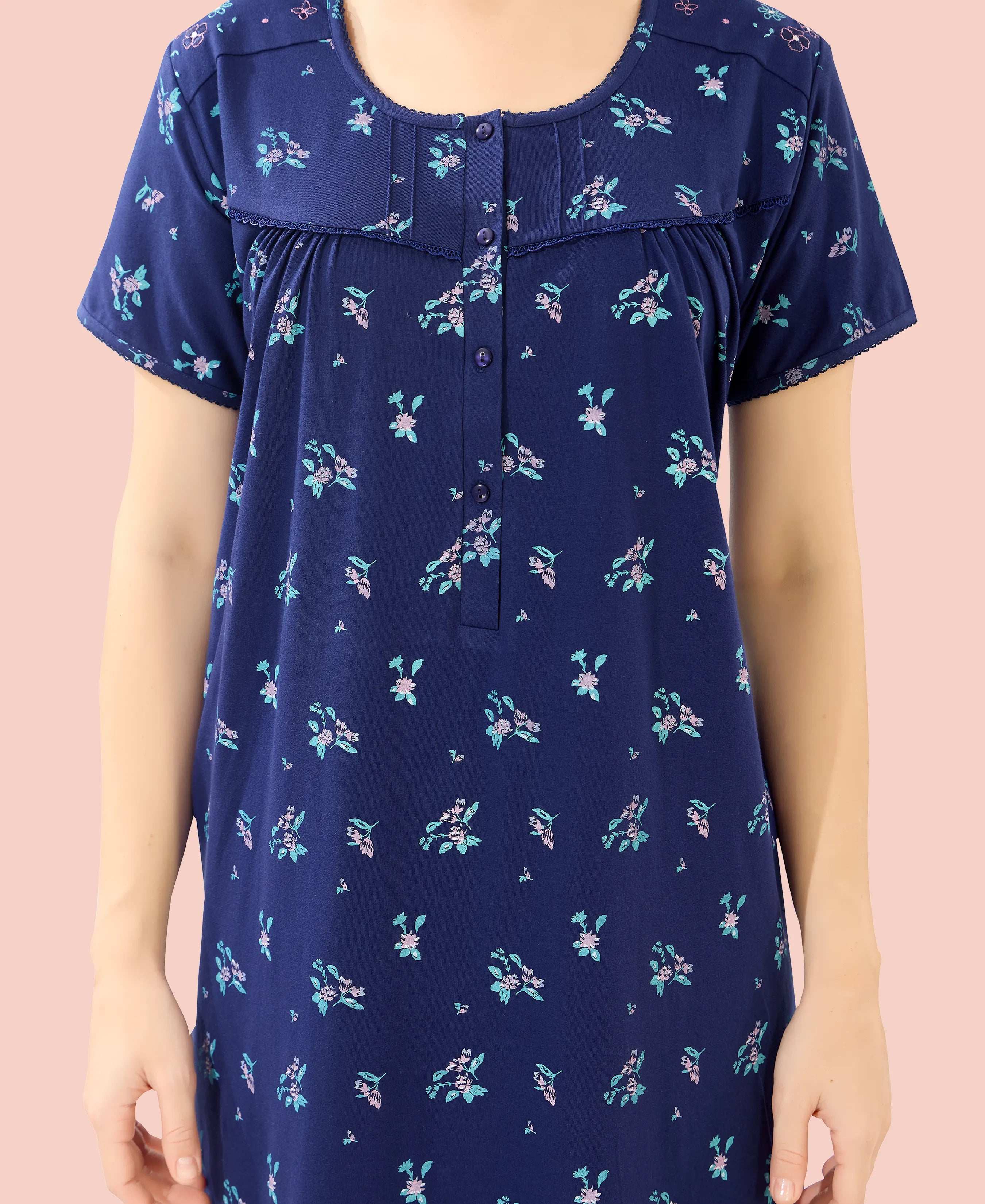 Velure Floral Print Hosiery Nighty - Velure - Nighty - Floral Print, Full Length Nighty, Half Sleeves Nighty, Hosiery Cotton