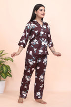Velure Attractive Brown Floral Print Night Suit - Velure - - 3/4 Sleeves, Collar Neck, Front Button Open, Full Length Pant, Satin