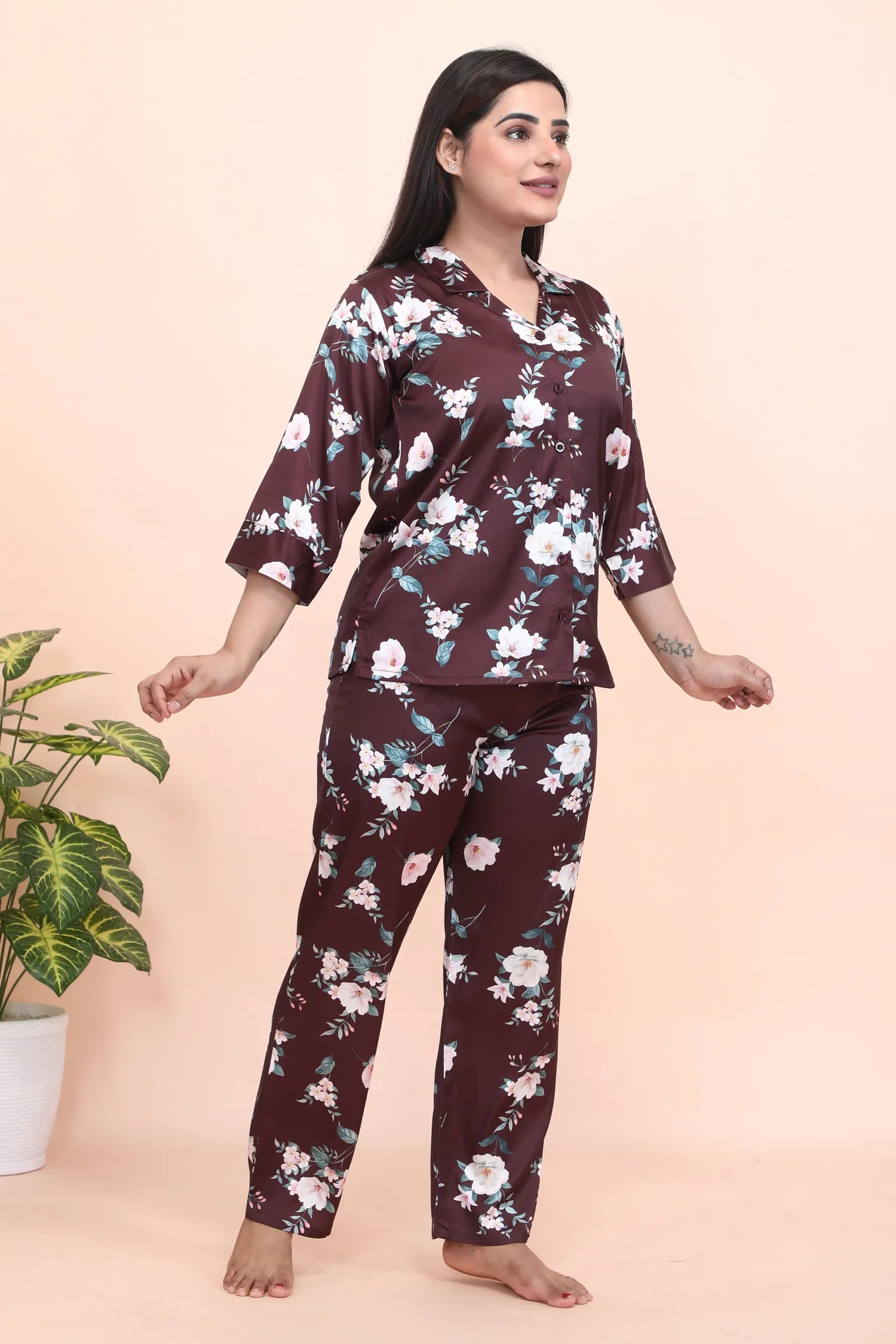 Velure Attractive Brown Floral Print Night Suit - Velure - - 3/4 Sleeves, Collar Neck, Front Button Open, Full Length Pant, Satin