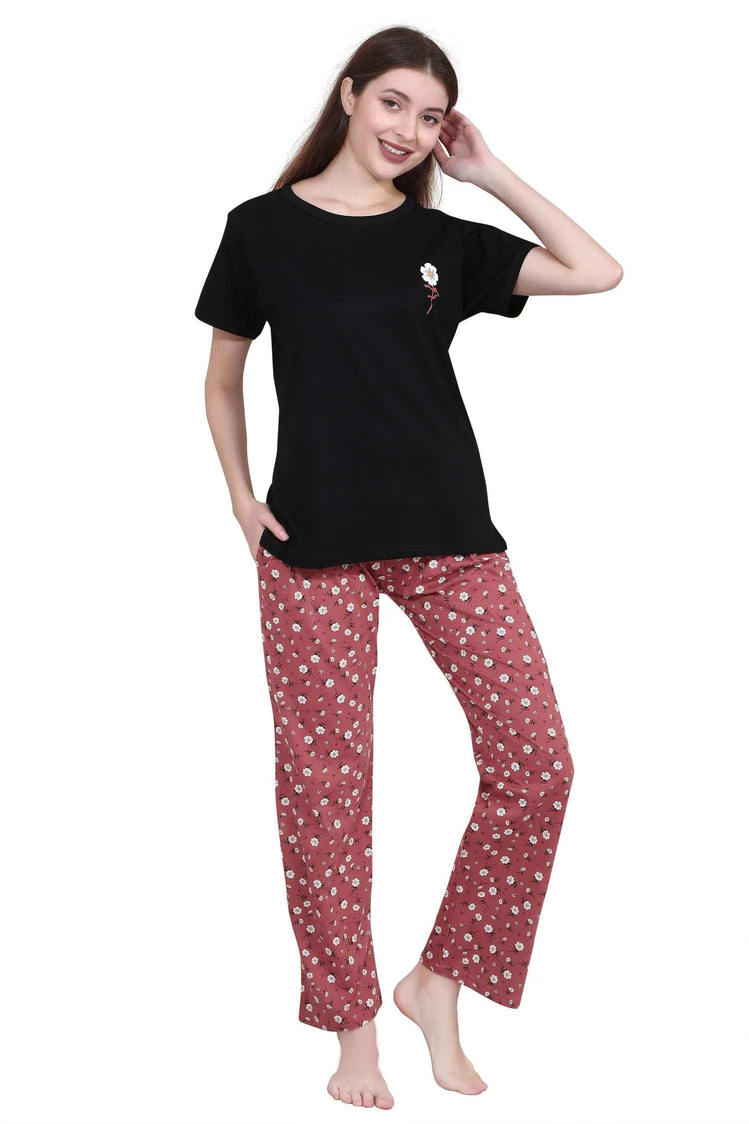 Velure Stunning Floral Print Pajama Set - Velure - - Floral Print, Full Length Pant, Half Sleeves, Hosiery Cotton, Round neck nightsuit
