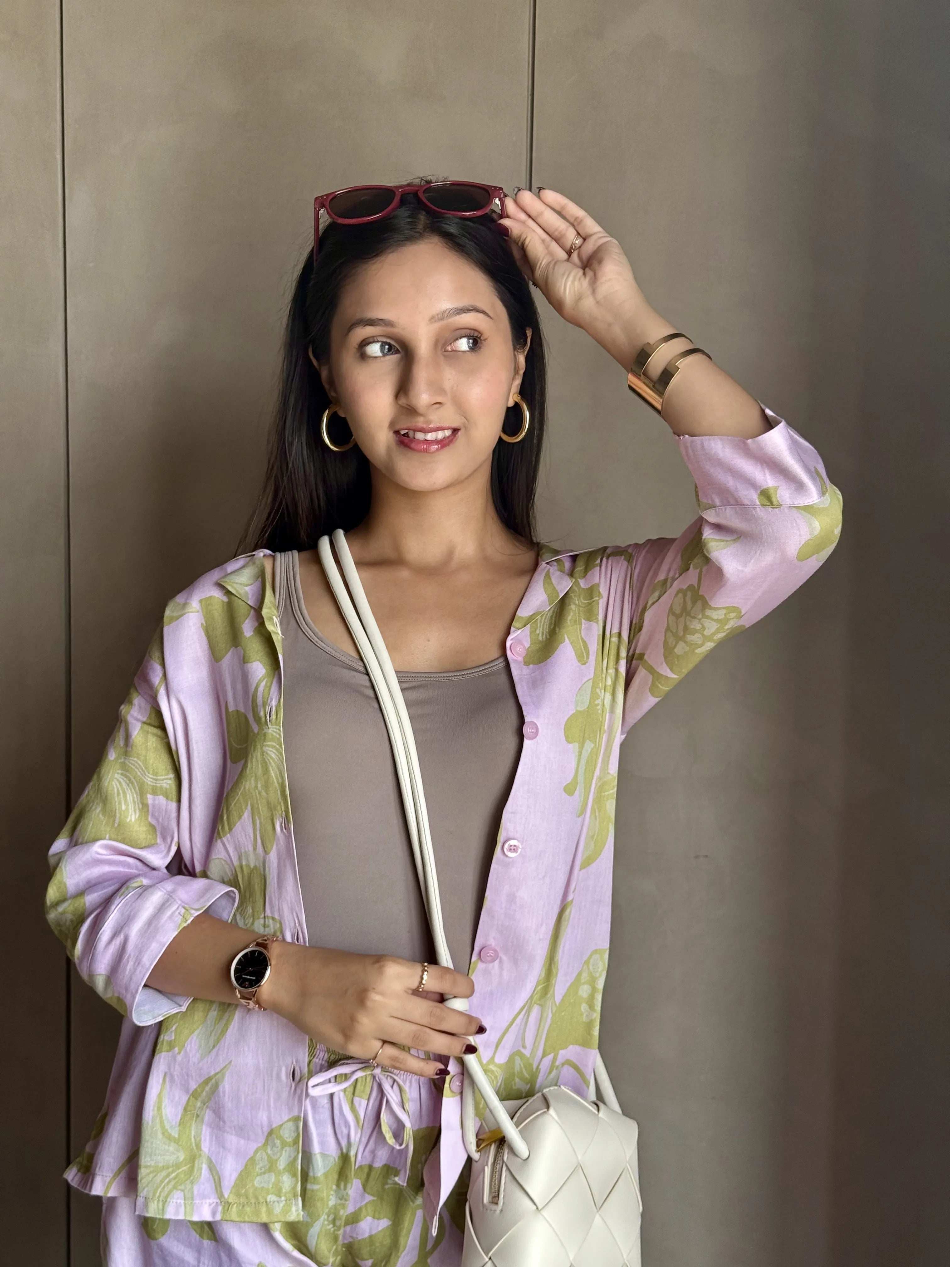 Velure Charming Floral Cotton Night Suit - Velure - - 3/4 Sleeves, Collar Neck, Cotton, Floral Print, Front Button Open, Full Length Pant