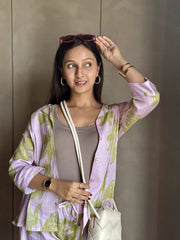Velure Charming Floral Cotton Night Suit - Velure - - 3/4 Sleeves, Collar Neck, Cotton, Floral Print, Front Button Open, Full Length Pant