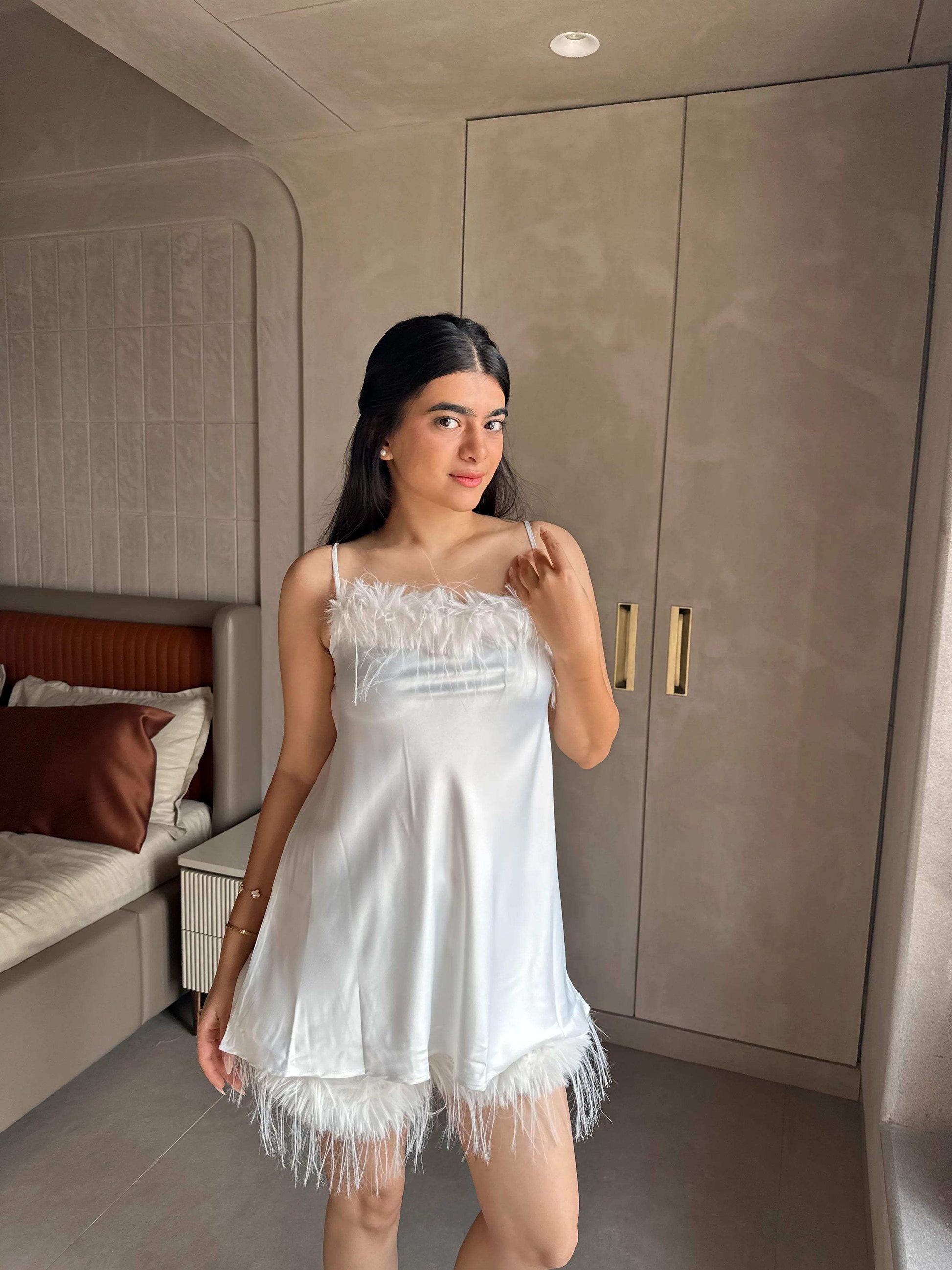 Velure White Satin 3 Piece Robe Set - Velure - - Fur, Robe, Satin, Shorts, Spaghetti