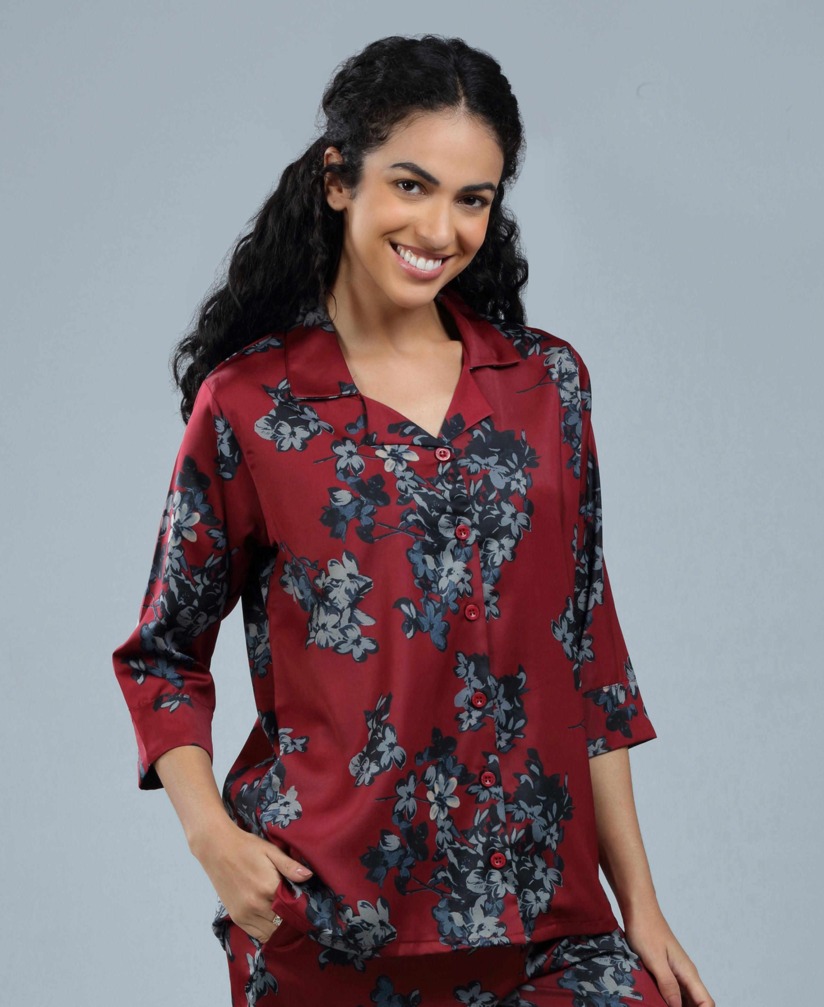 Velure Beautiful Floral Print Night Suit - Velure - Shirt and Pant - 3/4 Sleeves, Collar Neck, Floral Print, Front Button Open, Full Length Pant, Satin