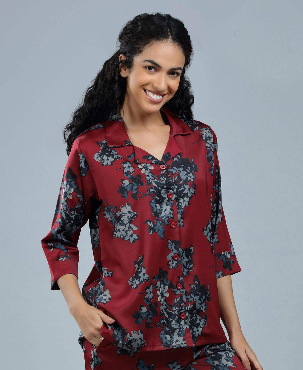 Velure Beautiful Floral Print Night Suit - Velure - - 3/4 Sleeves, Collar Neck, Floral Print, Front Button Open, Full Length Pant, Satin