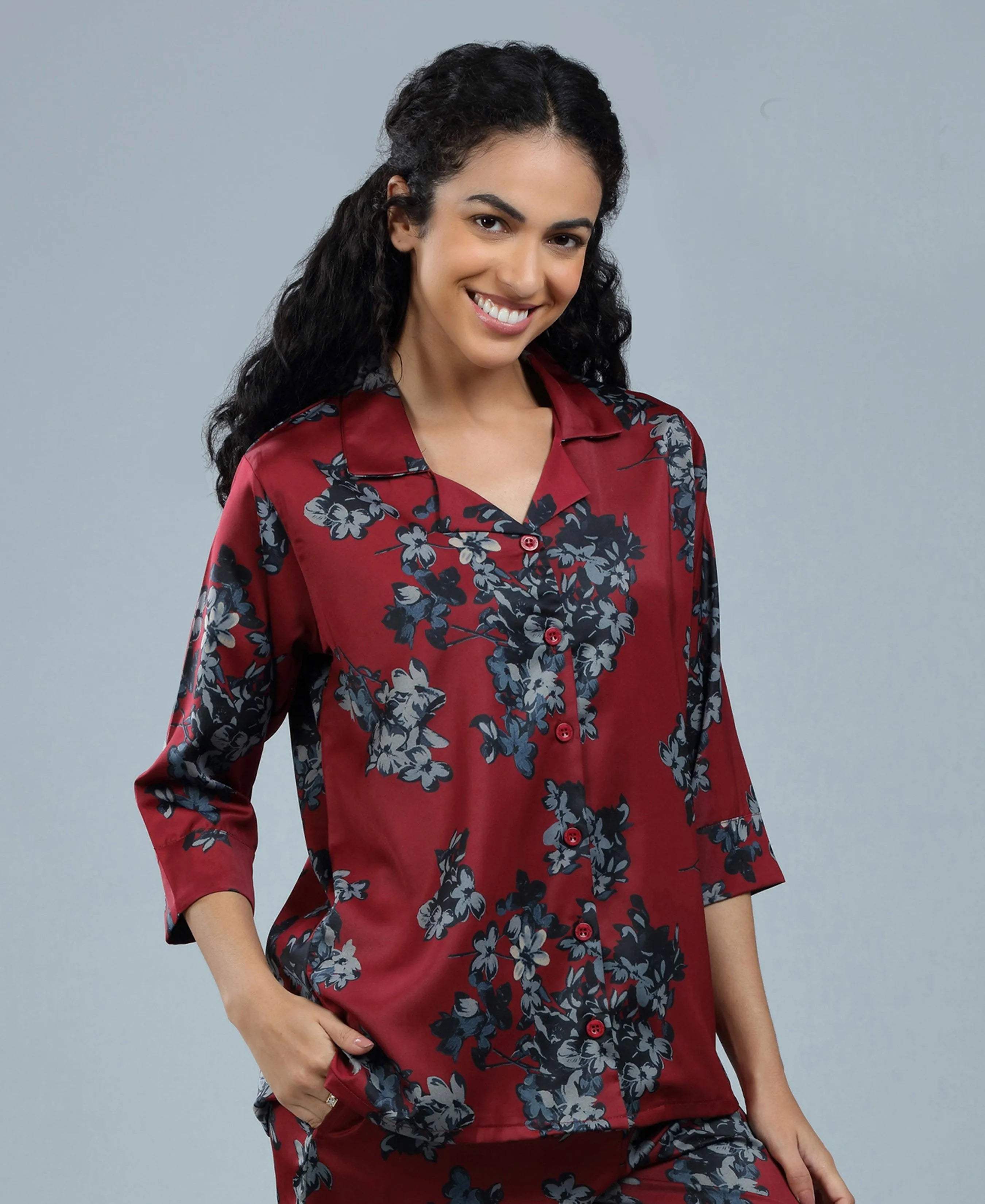 Velure Beautiful Floral Print Night Suit - Velure - - 3/4 Sleeves, Collar Neck, Floral Print, Front Button Open, Full Length Pant, Satin