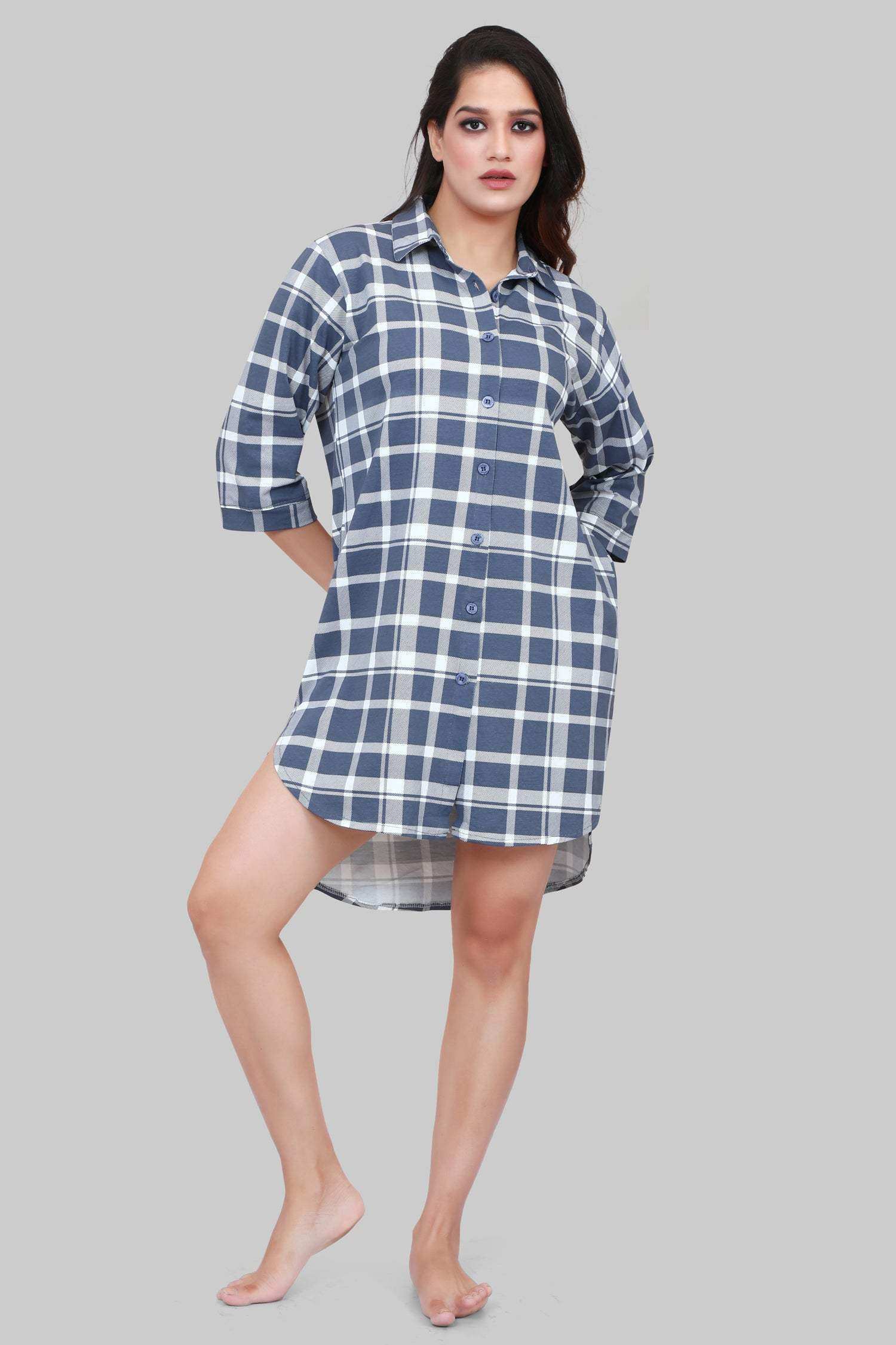 Velure Blue & White Checked Casual Short Night Shirt - Velure - - 3/4 Sleeves, Collar Neck, Cotton, Front Button Open
