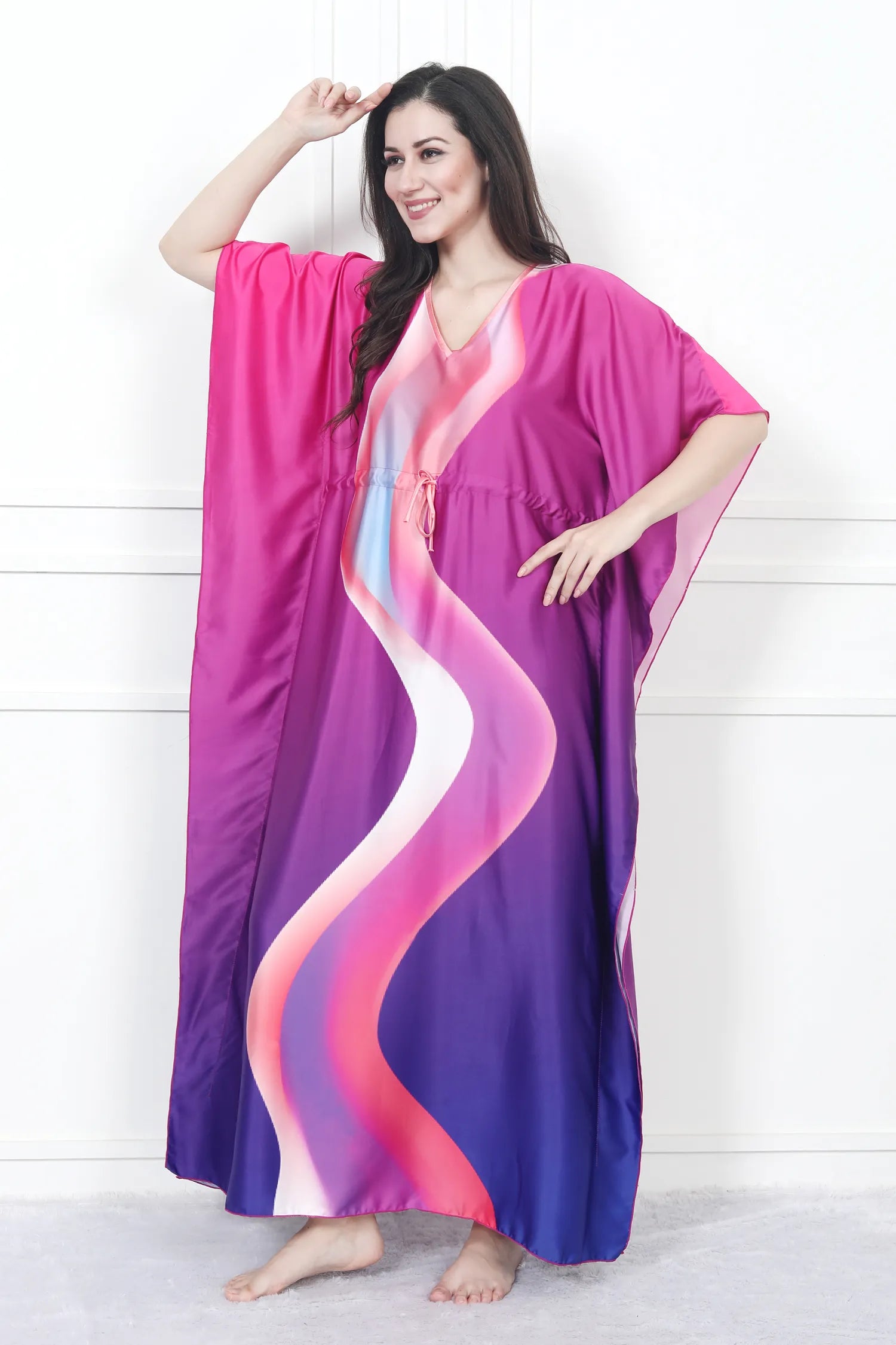 Velure Abstract Radiant Kaftan - Velure - - Center Drawstring, Full Length Nighty, Satin