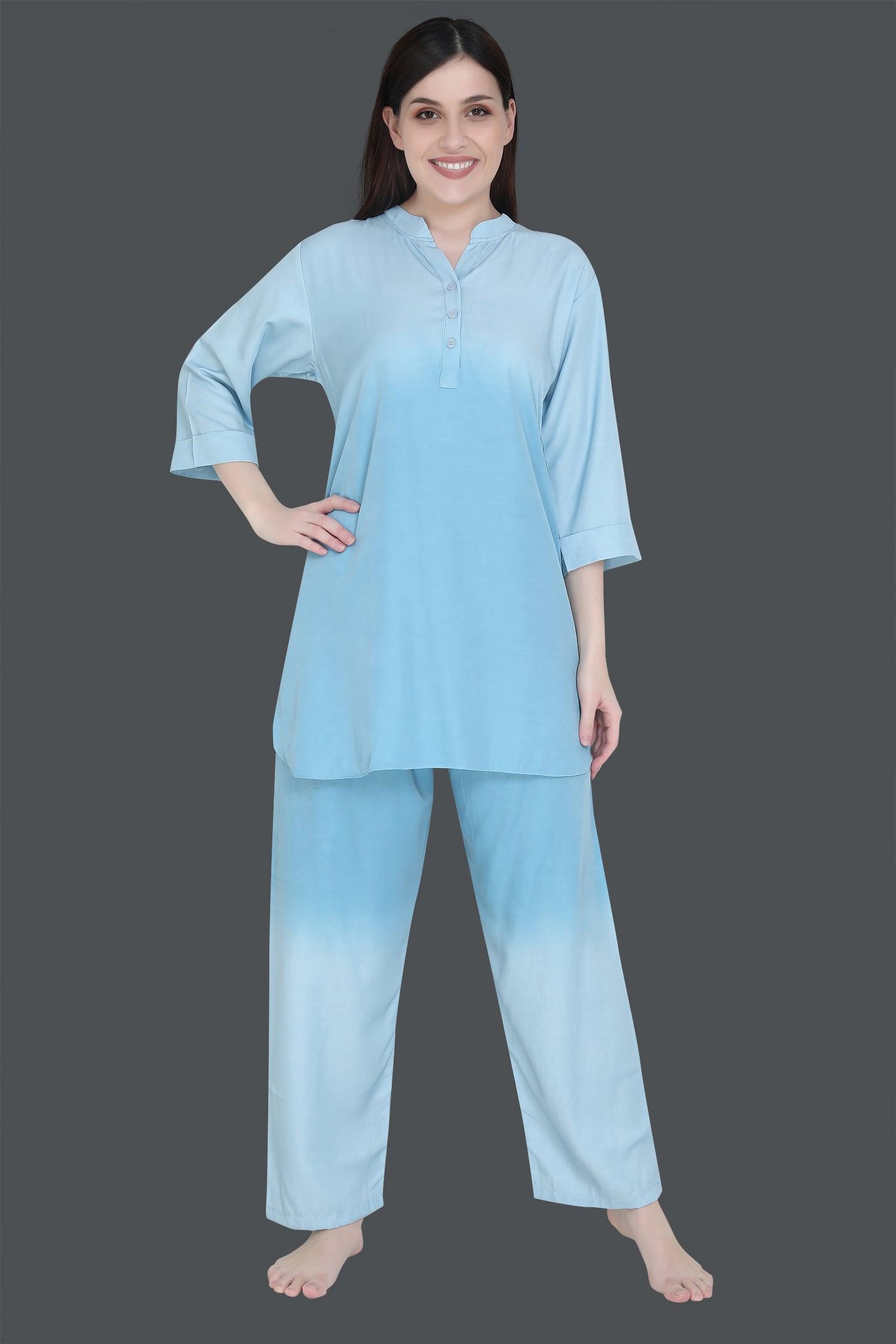 Velure Embellished Dual Shade Kurti Style Night Suit - Velure - Long Top and Pant - 3/4 Sleeves, Collar Neck, Cotton, Front Button Open, Full Length Pant