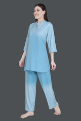 Velure Embellished Dual Shade Kurti Style Night Suit - Velure - Long Top and Pant - 3/4 Sleeves, Collar Neck, Cotton, Front Button Open, Full Length Pant