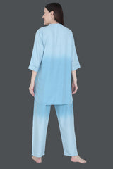 Velure Embellished Dual Shade Kurti Style Night Suit - Velure - Long Top and Pant - 3/4 Sleeves, Collar Neck, Cotton, Front Button Open, Full Length Pant